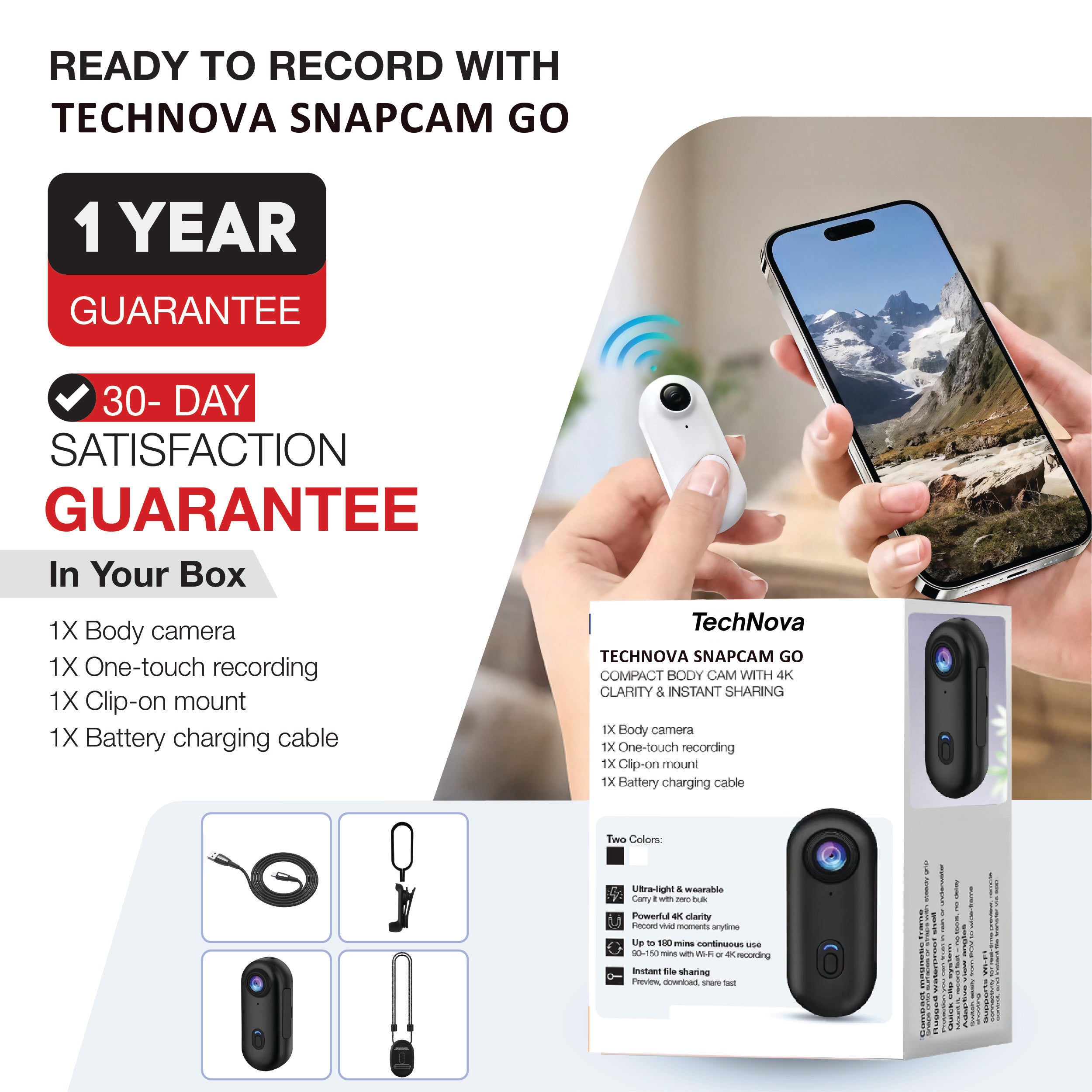 SnapCam GO 4K Wearable Action Camera – Hands-Free POV Video Recorder with Clip-On Mount | Ultra-Compact, Lightweight, Waterproof TARHUS