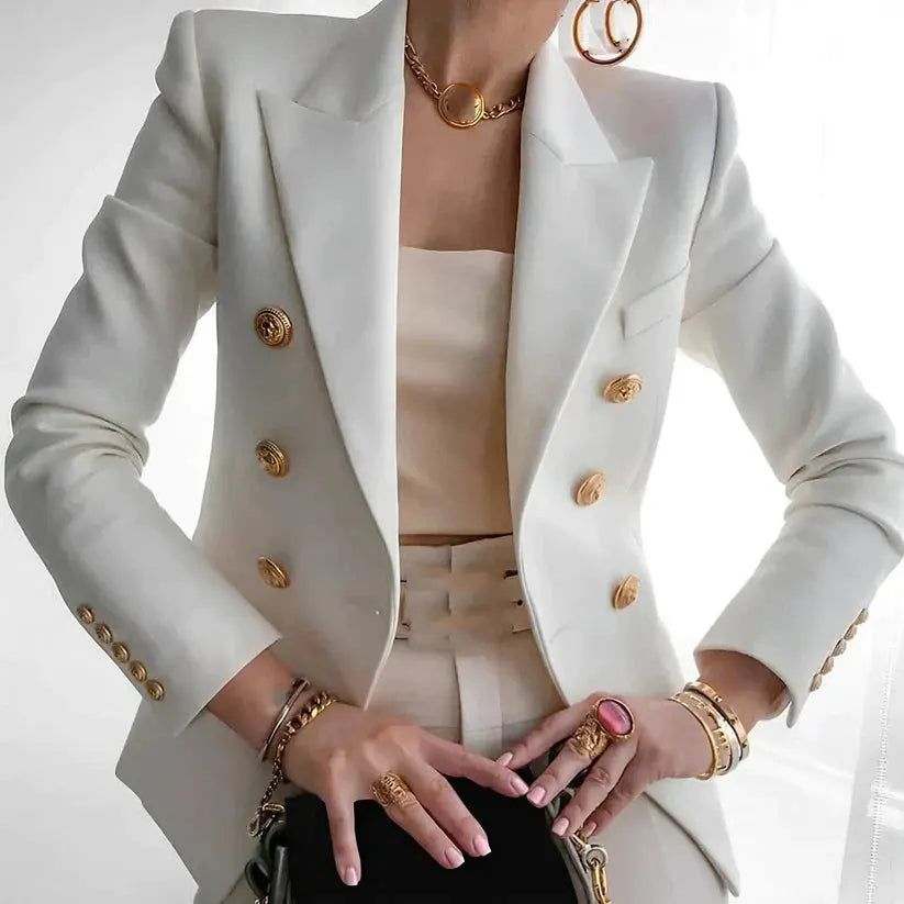 Cindy's Double-Breasted Blazer with Gold Buttons and Tailored Fit - TARHUS