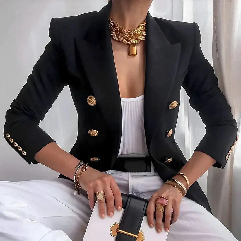 Cindy's Double-Breasted Blazer with Gold Buttons and Tailored Fit - TARHUS