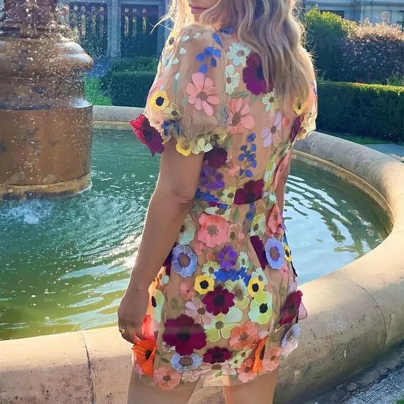 Sheer Floral Mesh Mini Dress with Puff Sleeves for Women TARHUS SS - Womens - Mini Dress