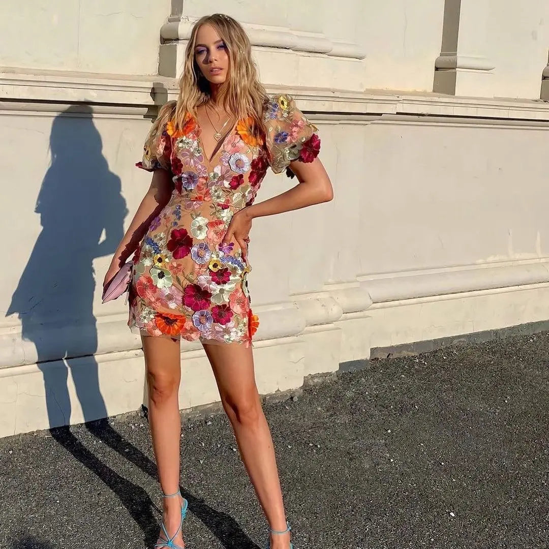 Sheer Floral Mesh Mini Dress with Puff Sleeves for Women TARHUS SS - Womens - Mini Dress