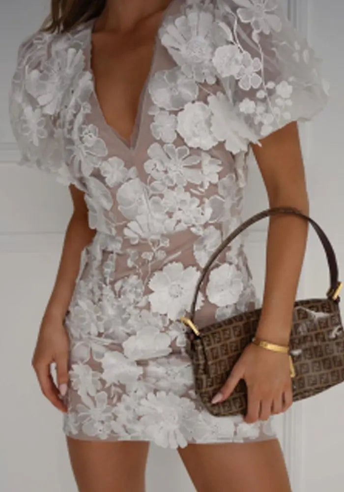 Sheer Floral Mesh Mini Dress with Puff Sleeves for Women TARHUS SS - Womens - Mini Dress