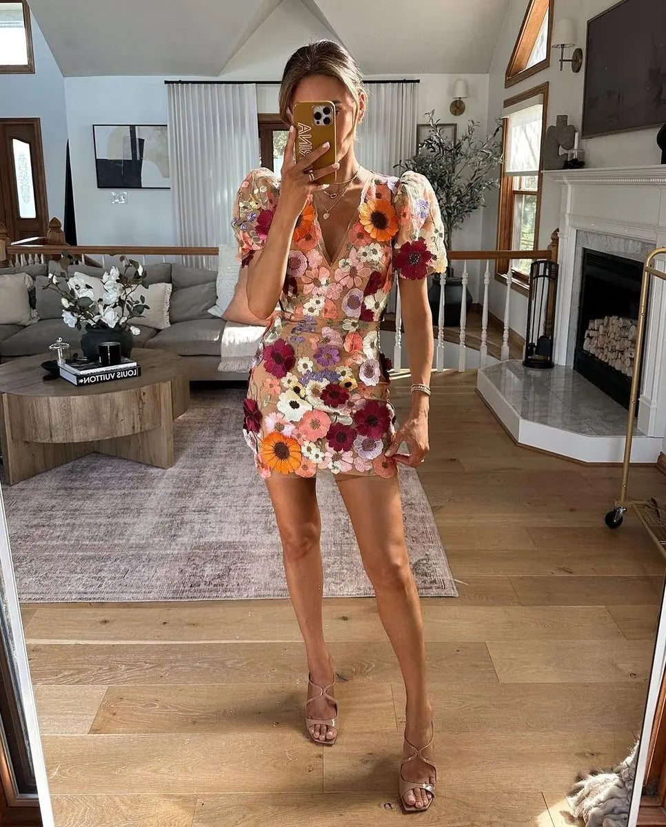 Sheer Floral Mesh Mini Dress with Puff Sleeves for Women TARHUS SS - Womens - Mini Dress