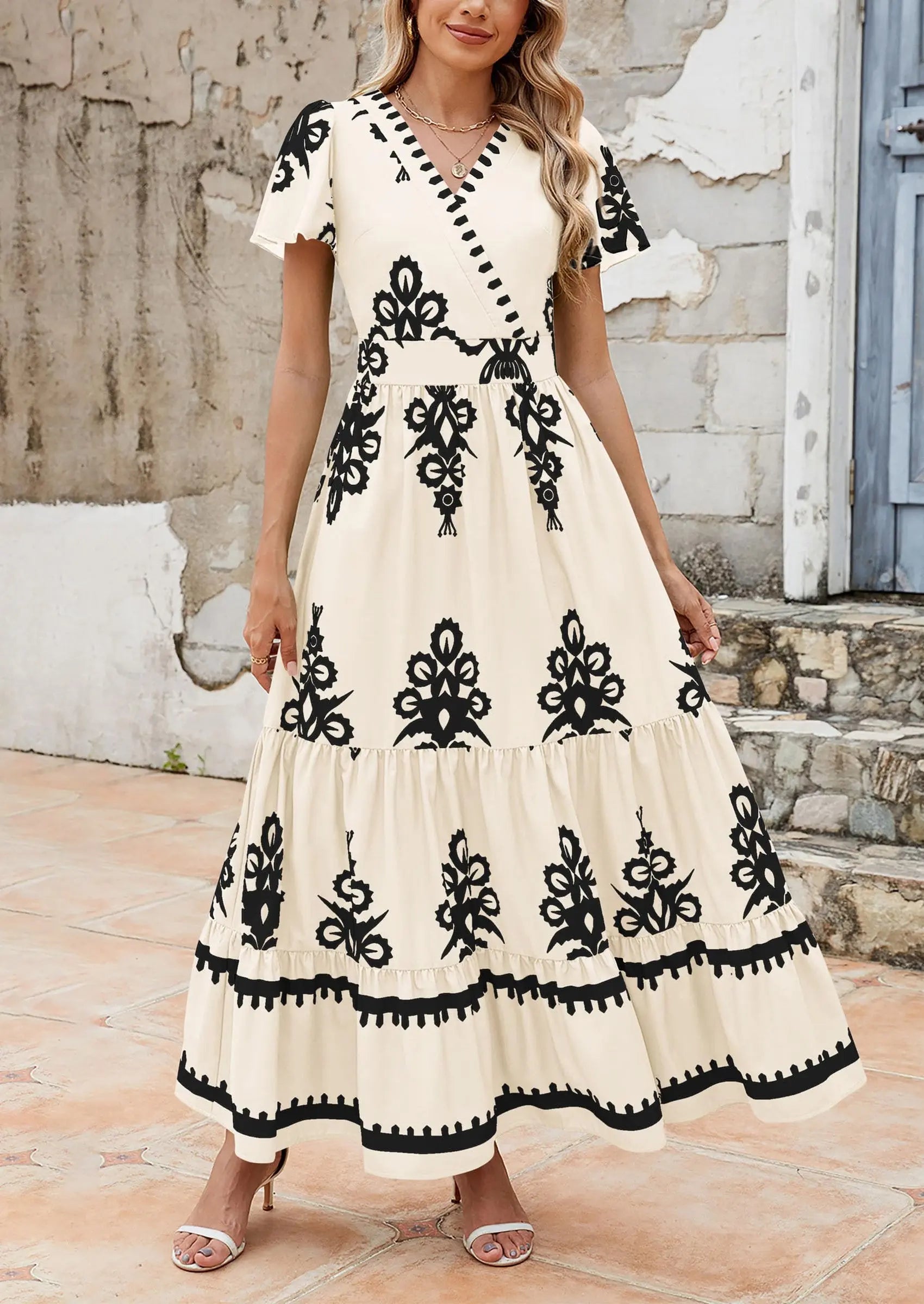 Casual V Neck Boho Flowy A-line Bell Sleeve Tiered Floral Maxi Dresses with Pocket - TARHUS