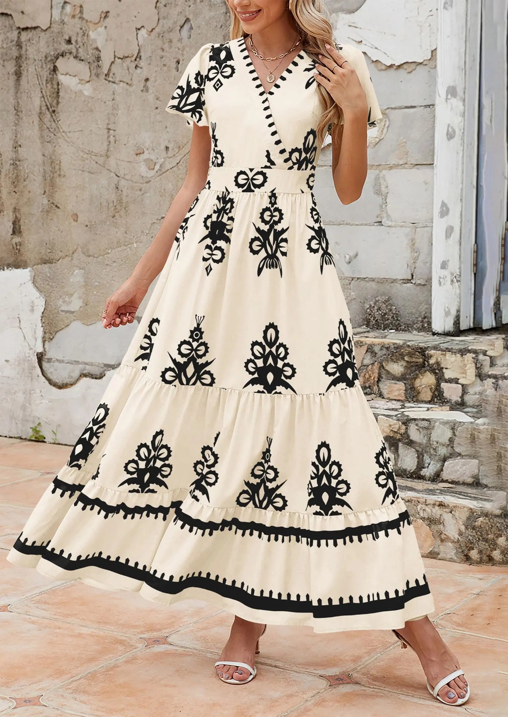 Casual V Neck Boho Flowy A-line Bell Sleeve Tiered Floral Maxi Dresses with Pocket - TARHUS