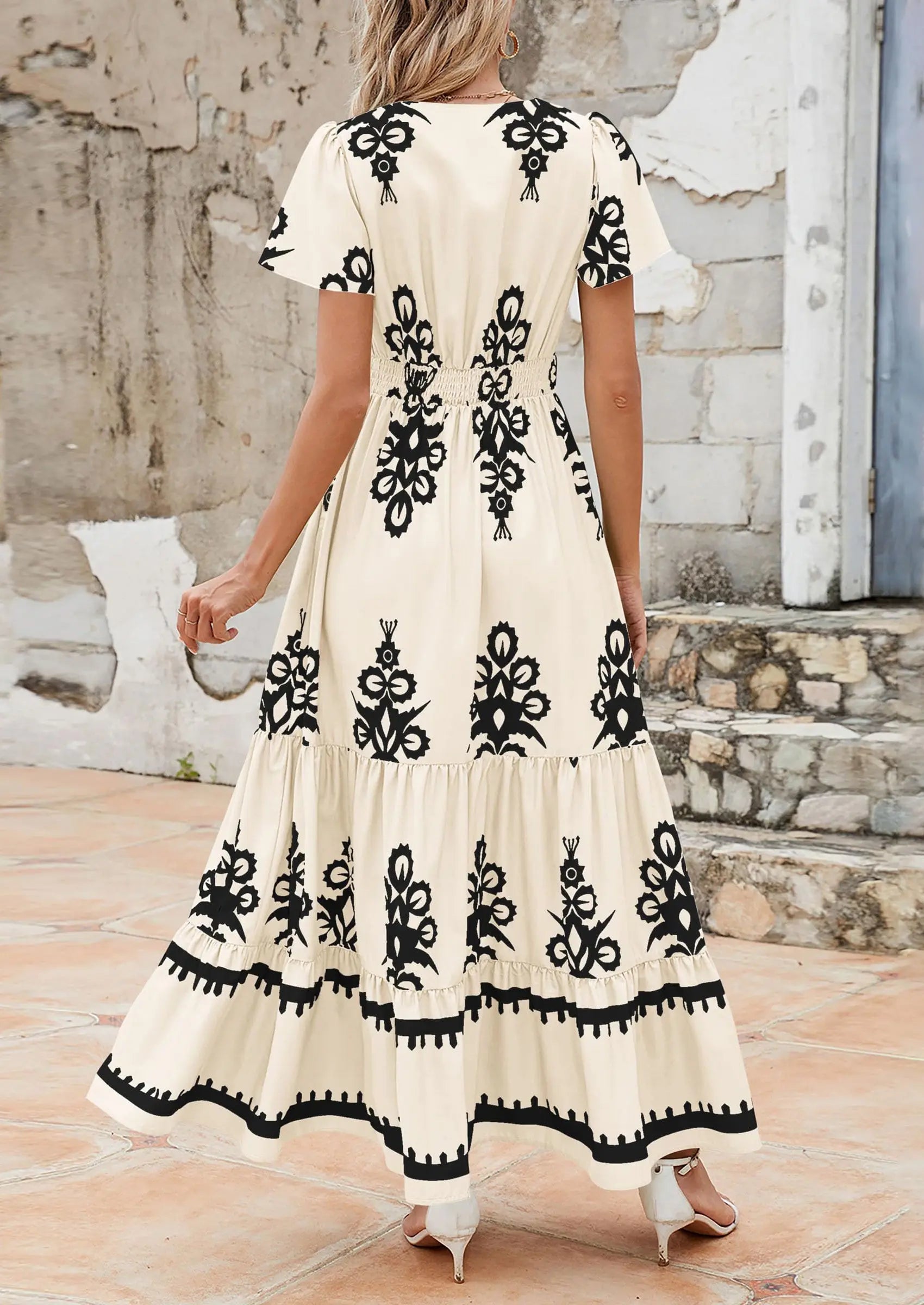 Casual V Neck Boho Flowy A-line Bell Sleeve Tiered Floral Maxi Dresses with Pocket - TARHUS