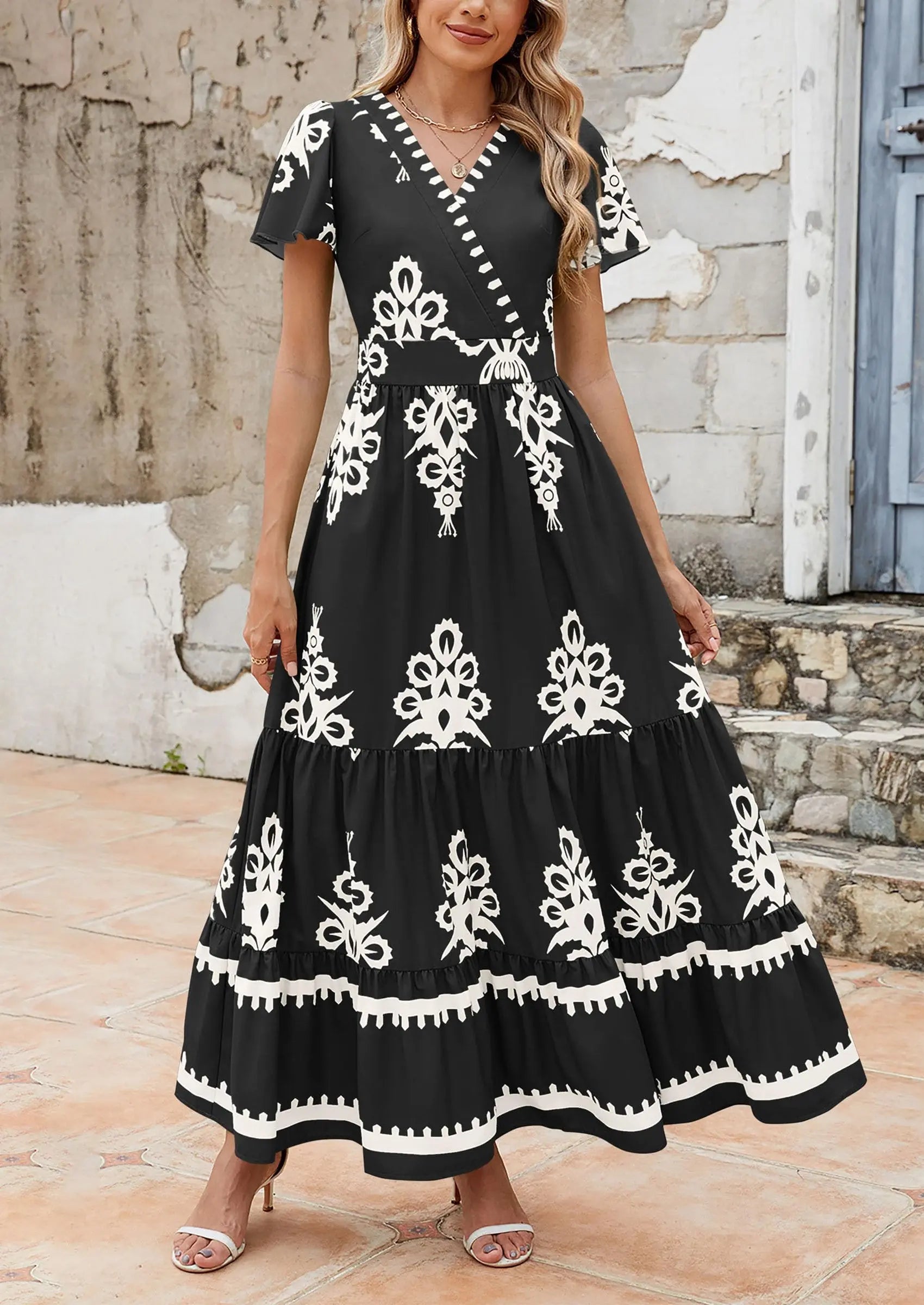 Casual V Neck Boho Flowy A-line Bell Sleeve Tiered Floral Maxi Dresses with Pocket - TARHUS