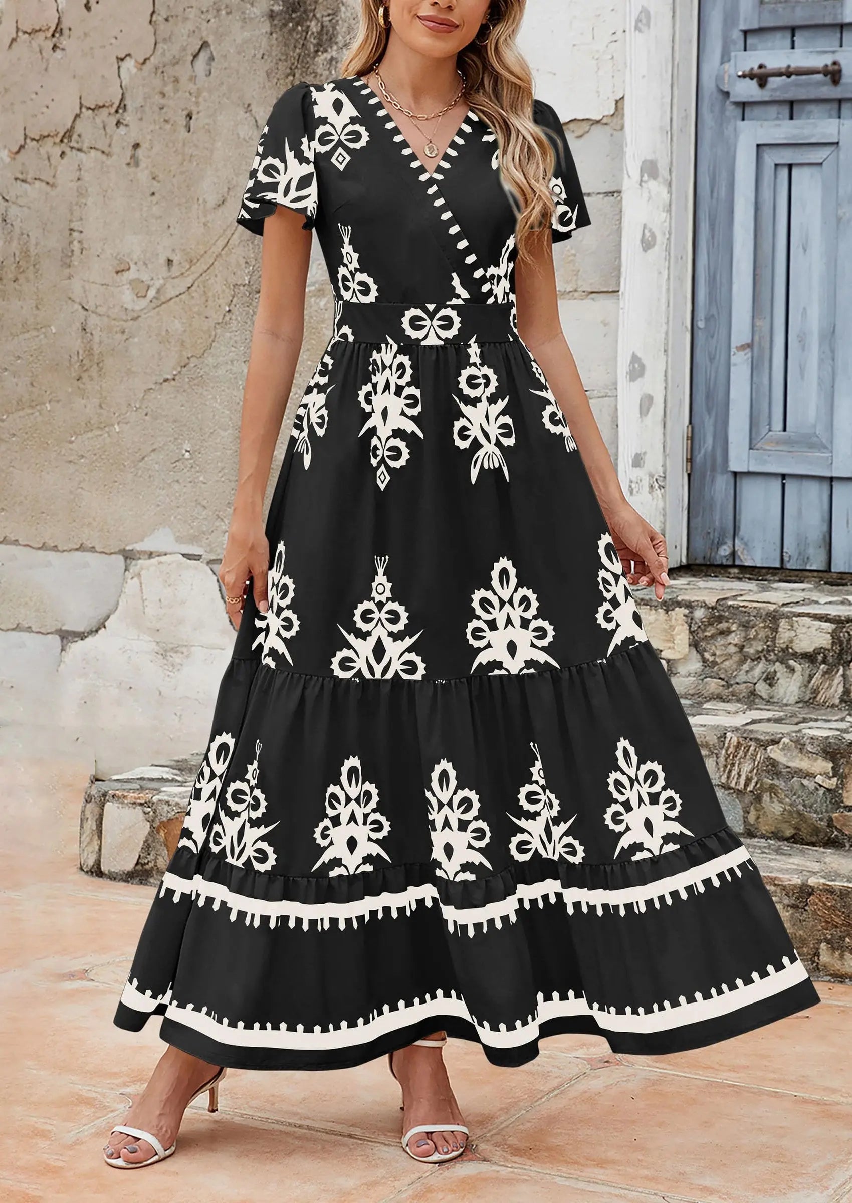 Casual V Neck Boho Flowy A-line Bell Sleeve Tiered Floral Maxi Dresses with Pocket - TARHUS