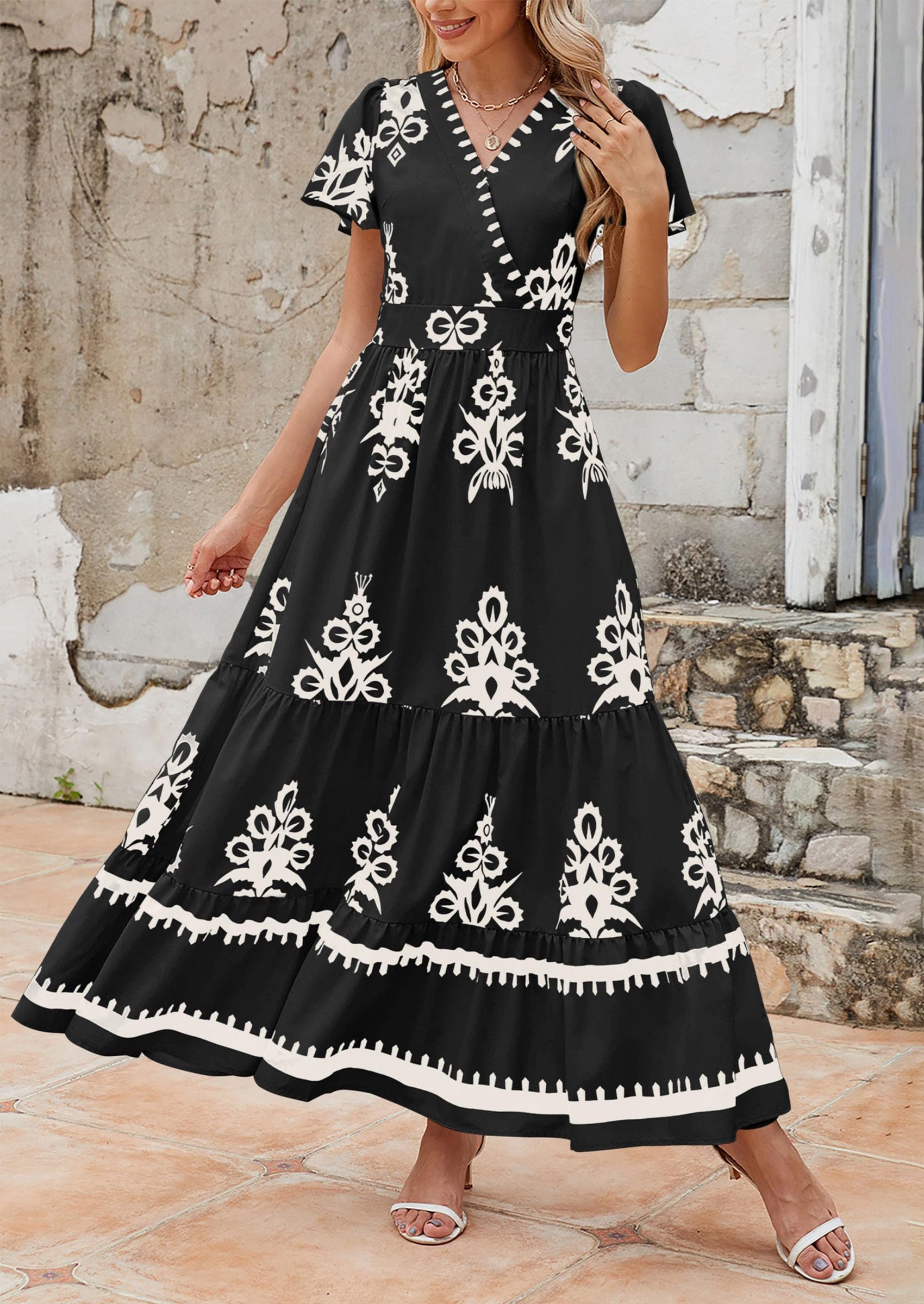 Casual V Neck Boho Flowy A-line Bell Sleeve Tiered Floral Maxi Dresses with Pocket - TARHUS