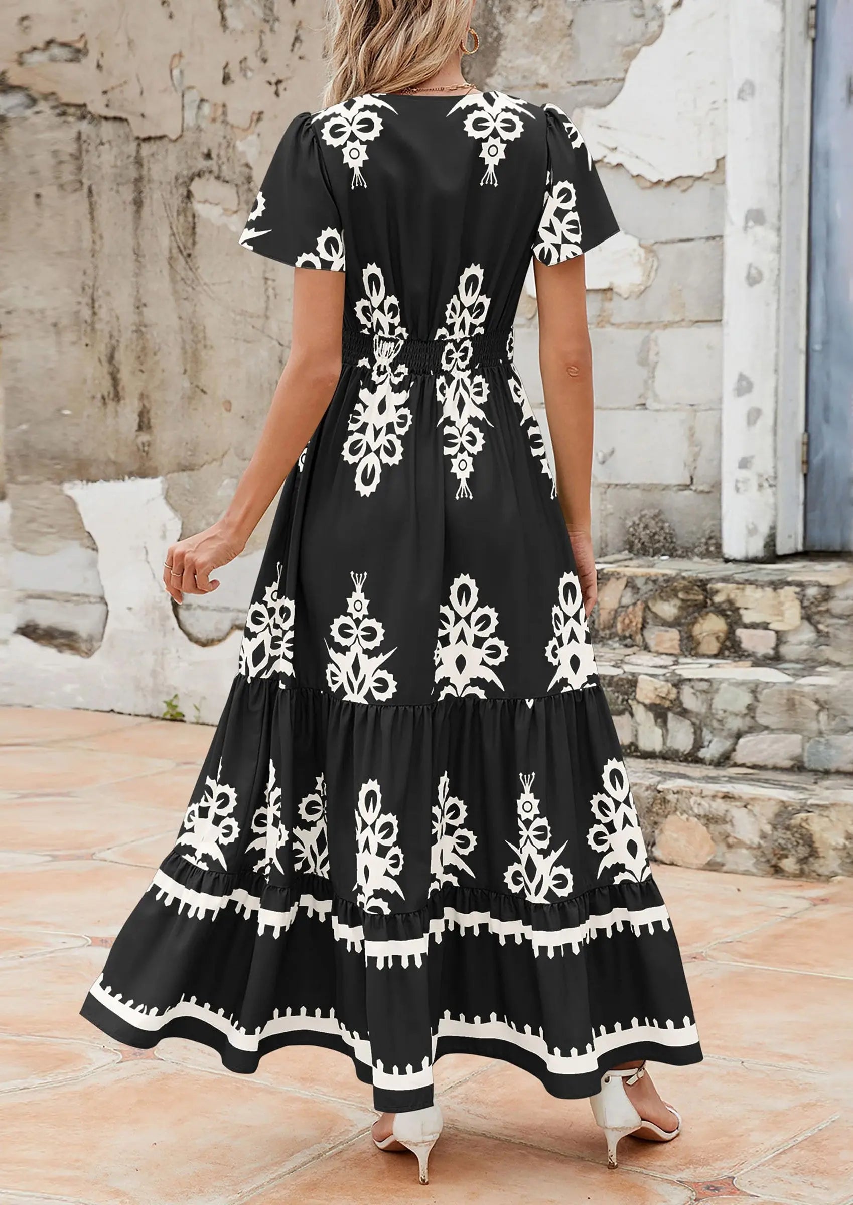 Casual V Neck Boho Flowy A-line Bell Sleeve Tiered Floral Maxi Dresses with Pocket - TARHUS