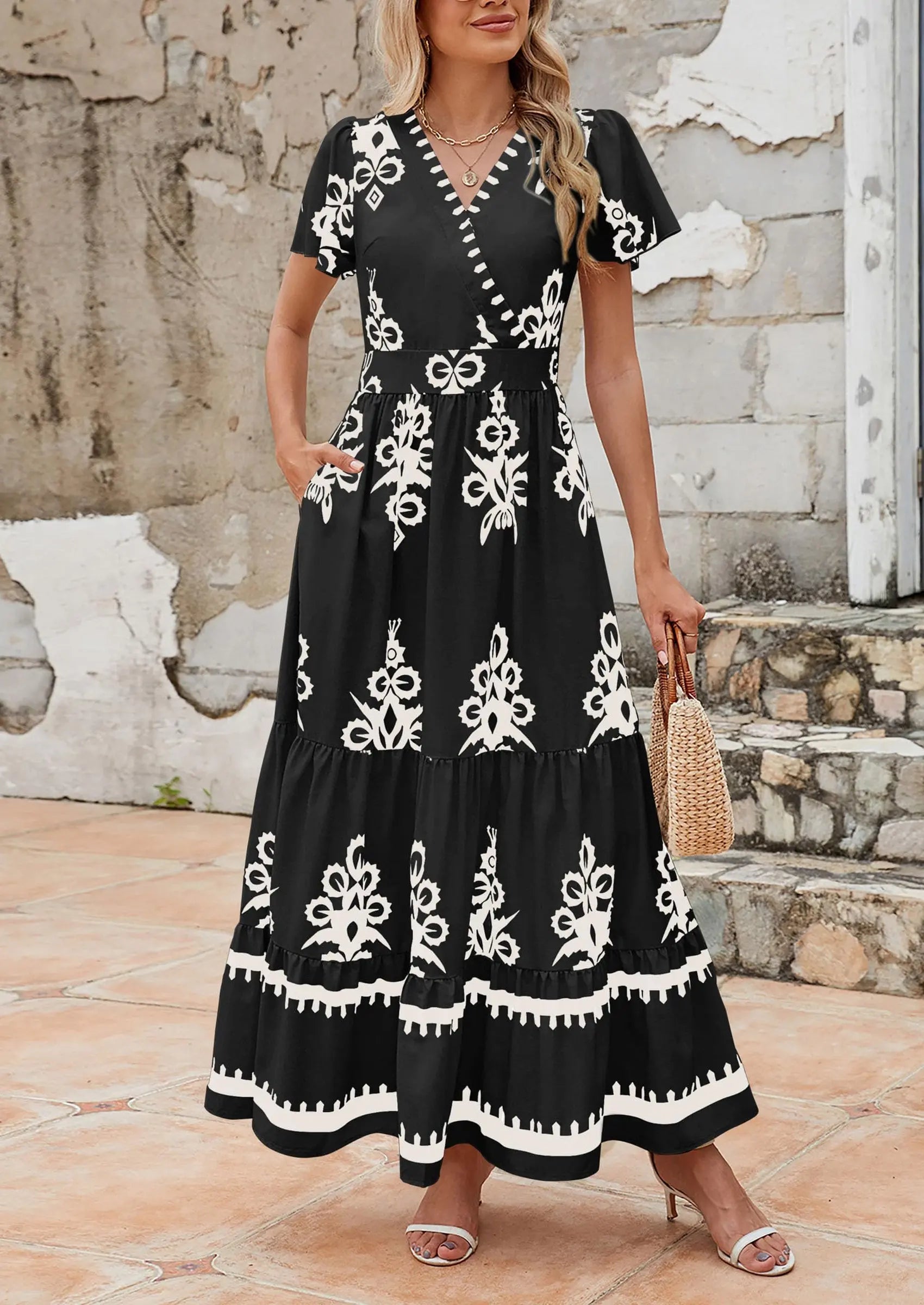 Casual V Neck Boho Flowy A-line Bell Sleeve Tiered Floral Maxi Dresses with Pocket - TARHUS