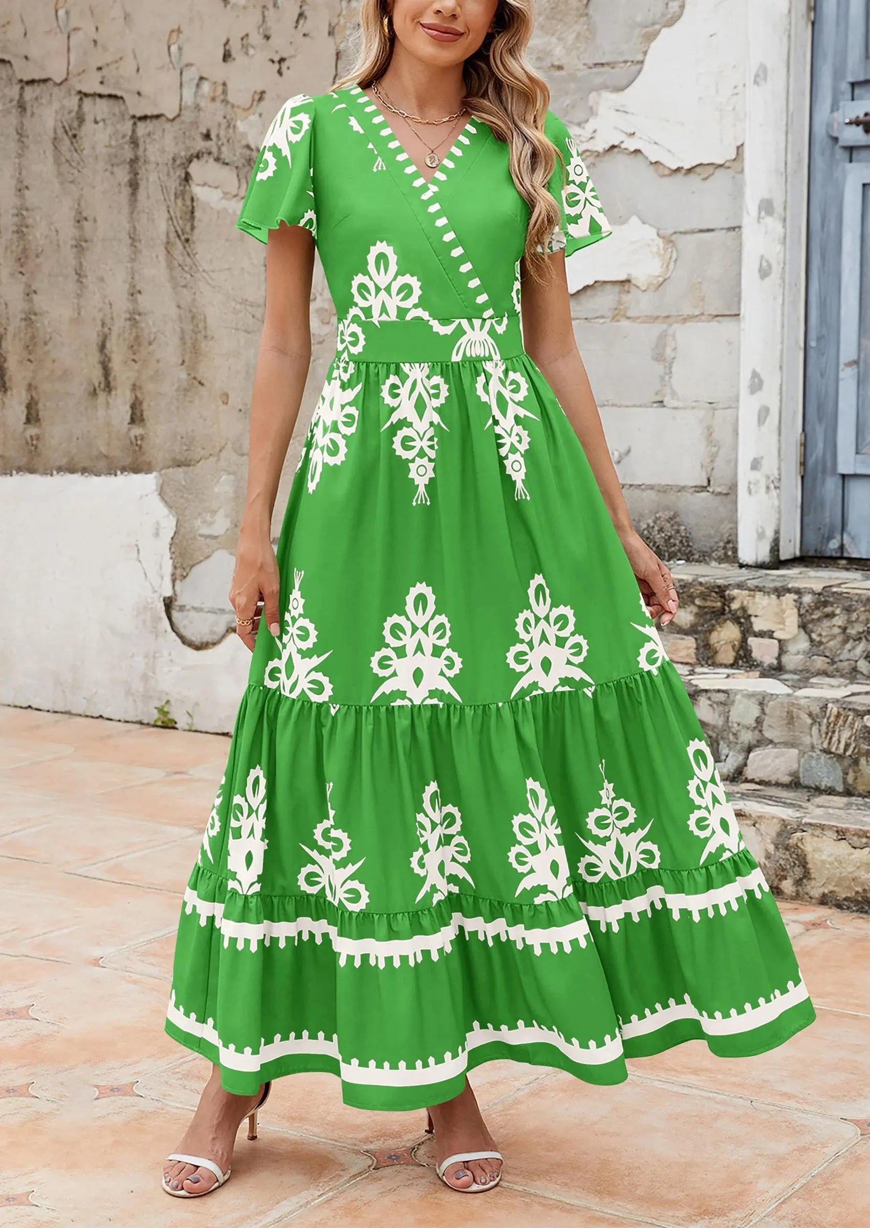 Casual V Neck Boho Flowy A-line Bell Sleeve Tiered Floral Maxi Dresses with Pocket - TARHUS