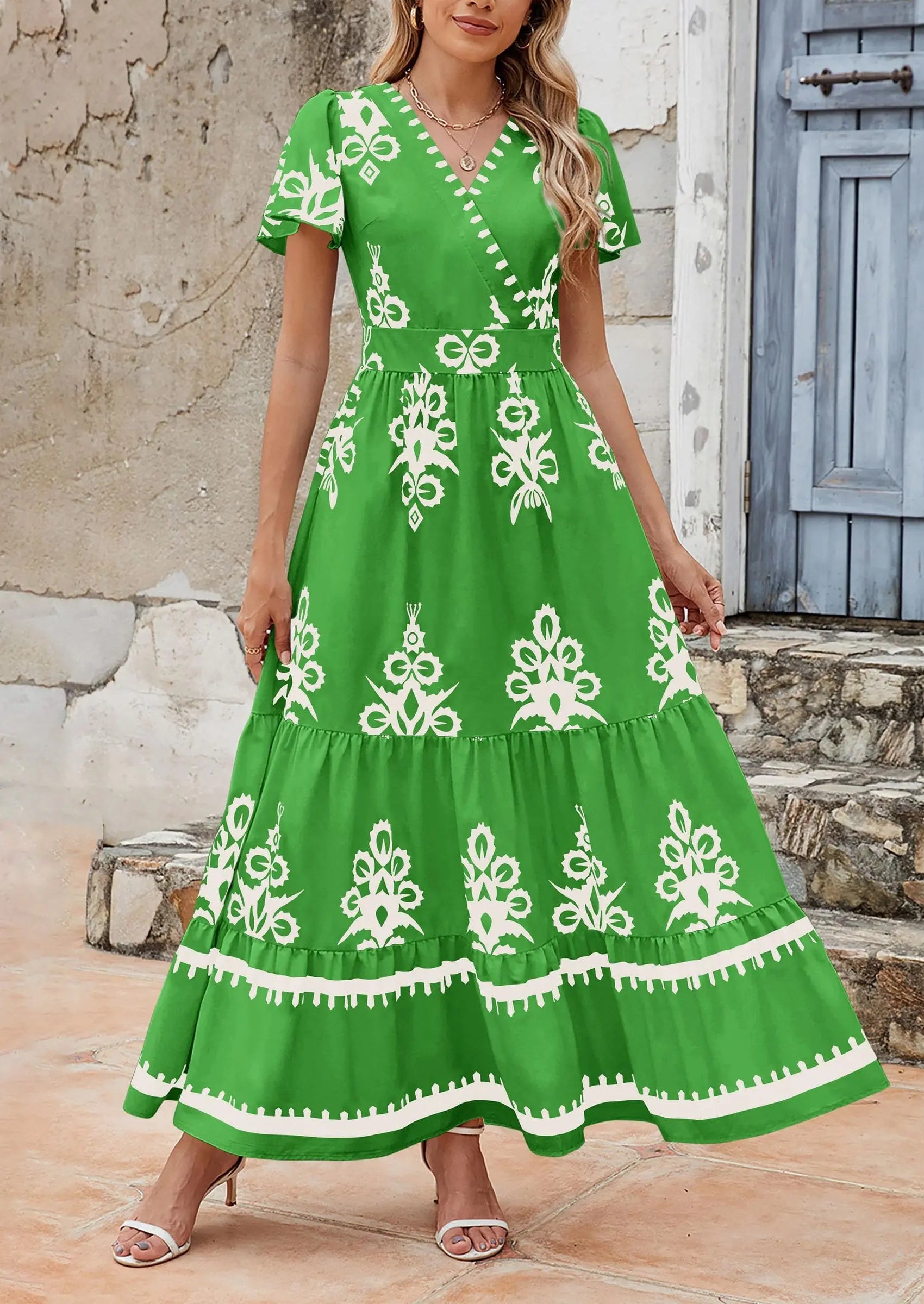 Casual V Neck Boho Flowy A-line Bell Sleeve Tiered Floral Maxi Dresses with Pocket - TARHUS