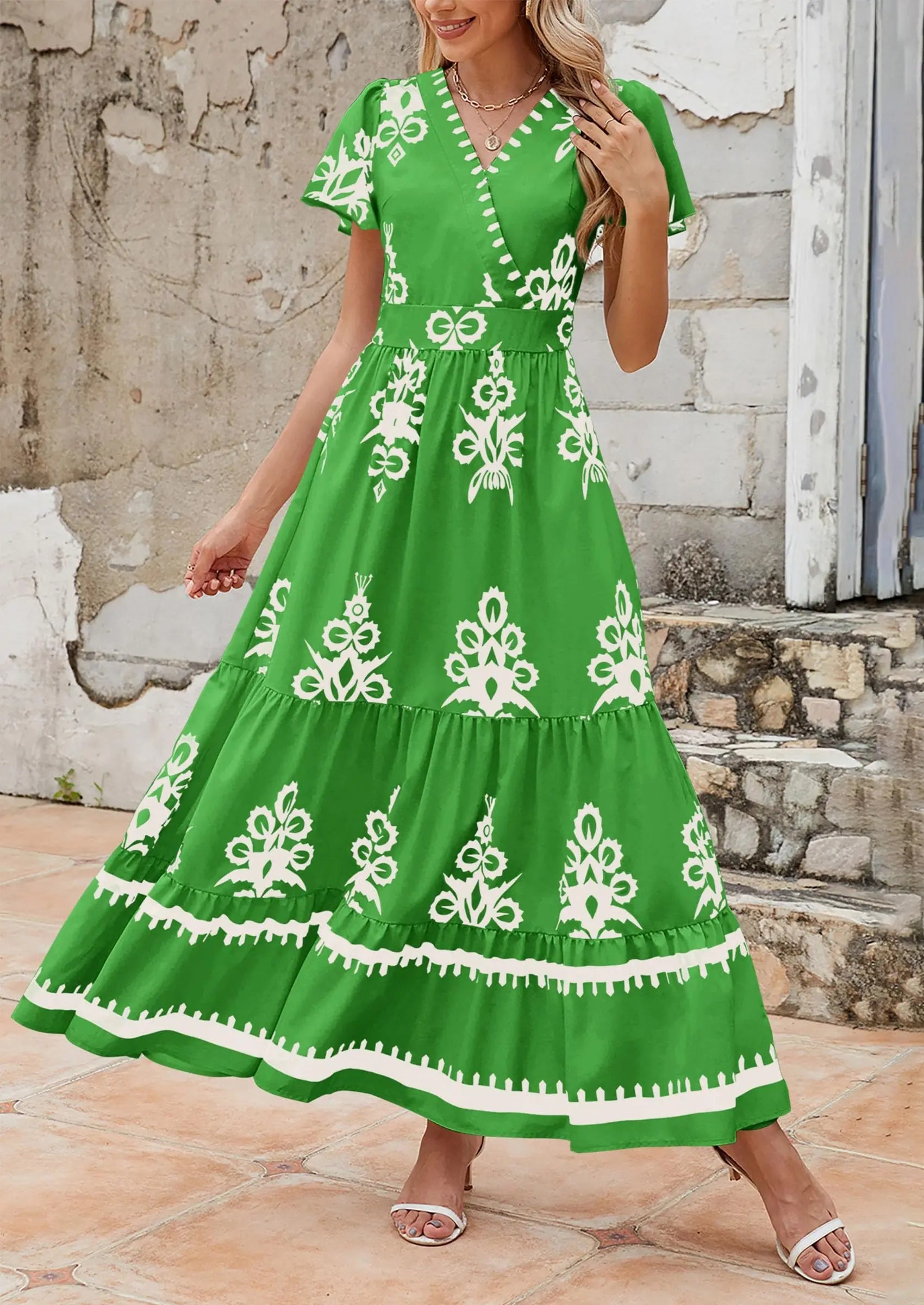 Casual V Neck Boho Flowy A-line Bell Sleeve Tiered Floral Maxi Dresses with Pocket - TARHUS