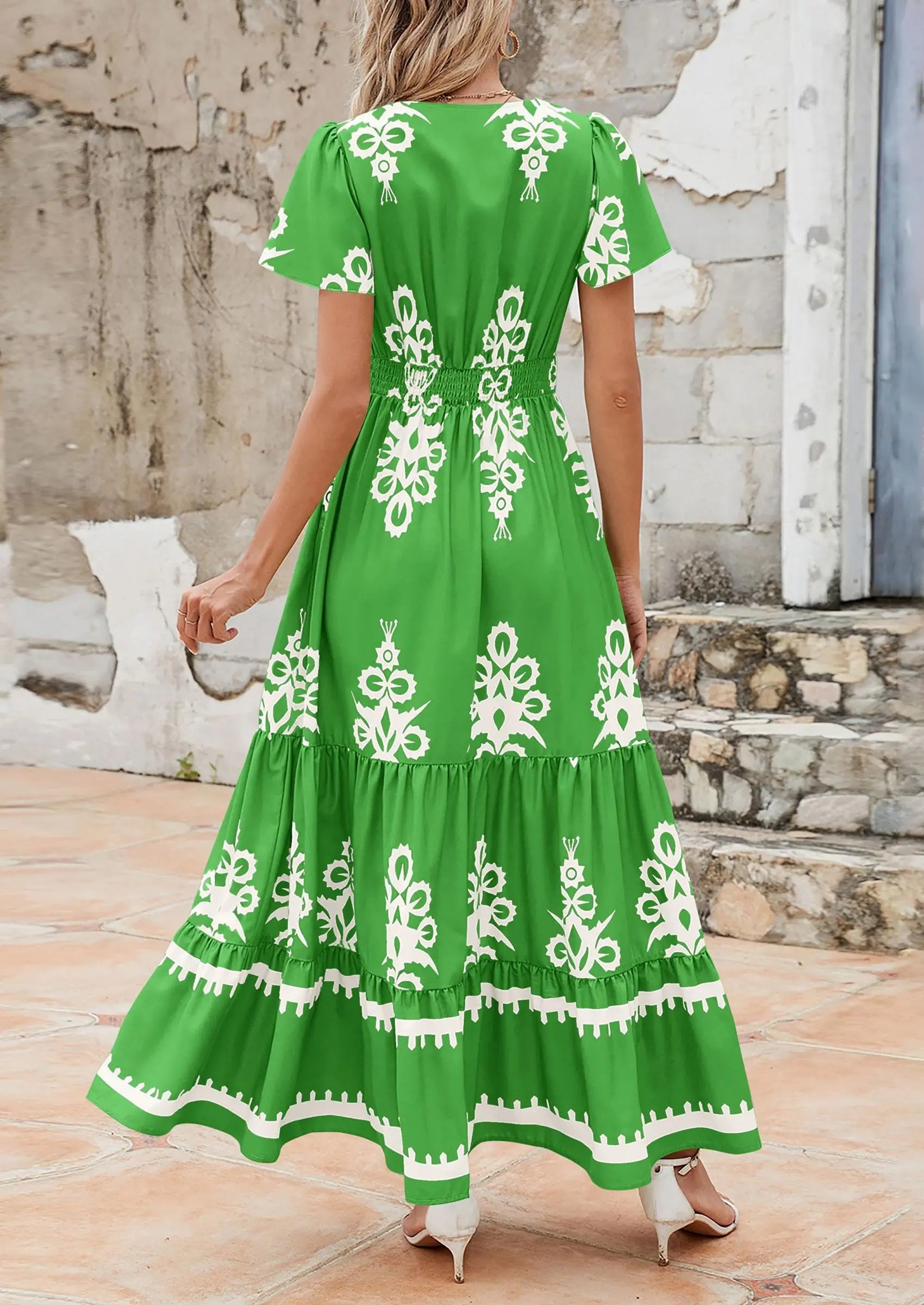 Casual V Neck Boho Flowy A-line Bell Sleeve Tiered Floral Maxi Dresses with Pocket - TARHUS