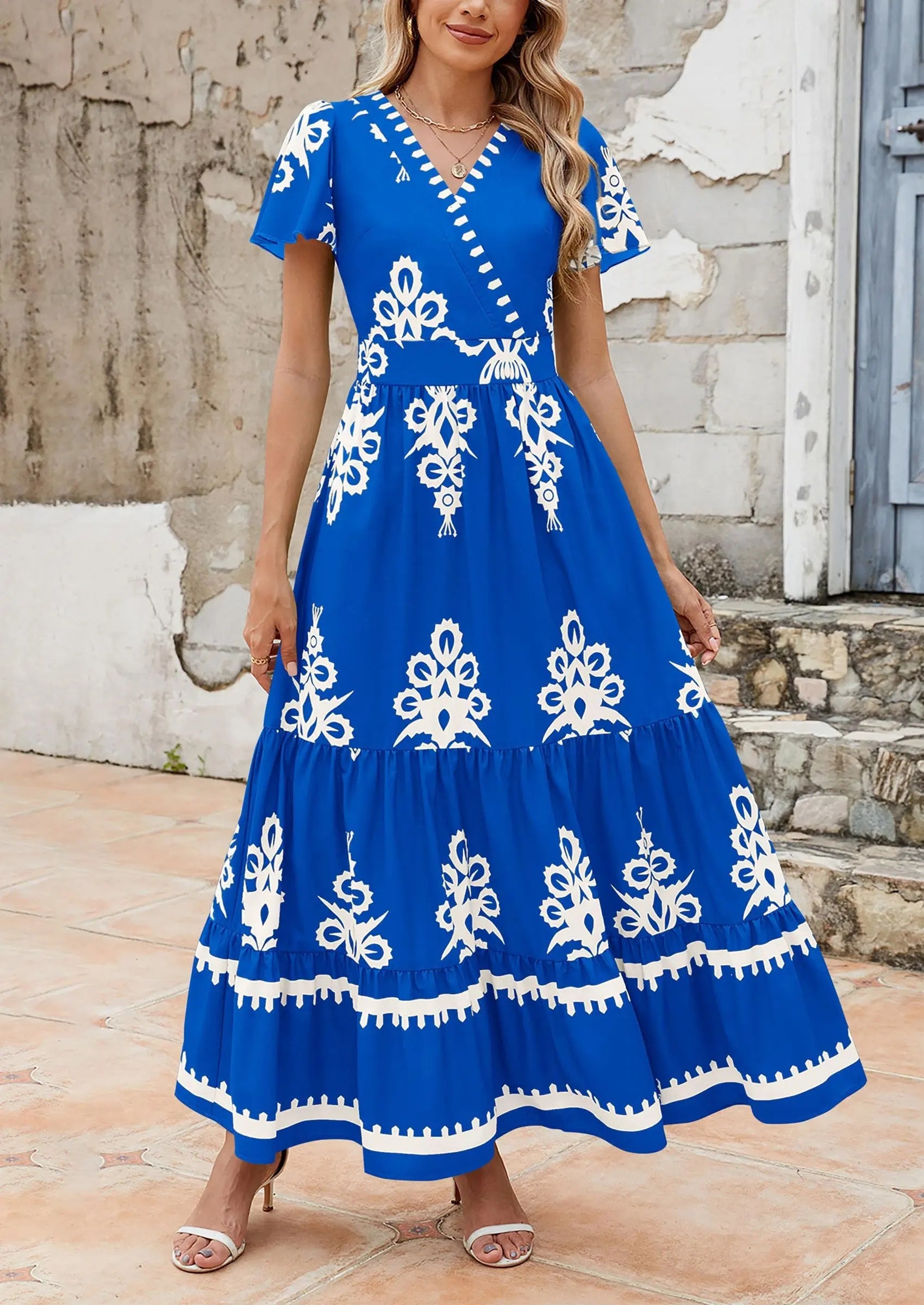 Casual V Neck Boho Flowy A-line Bell Sleeve Tiered Floral Maxi Dresses with Pocket - TARHUS