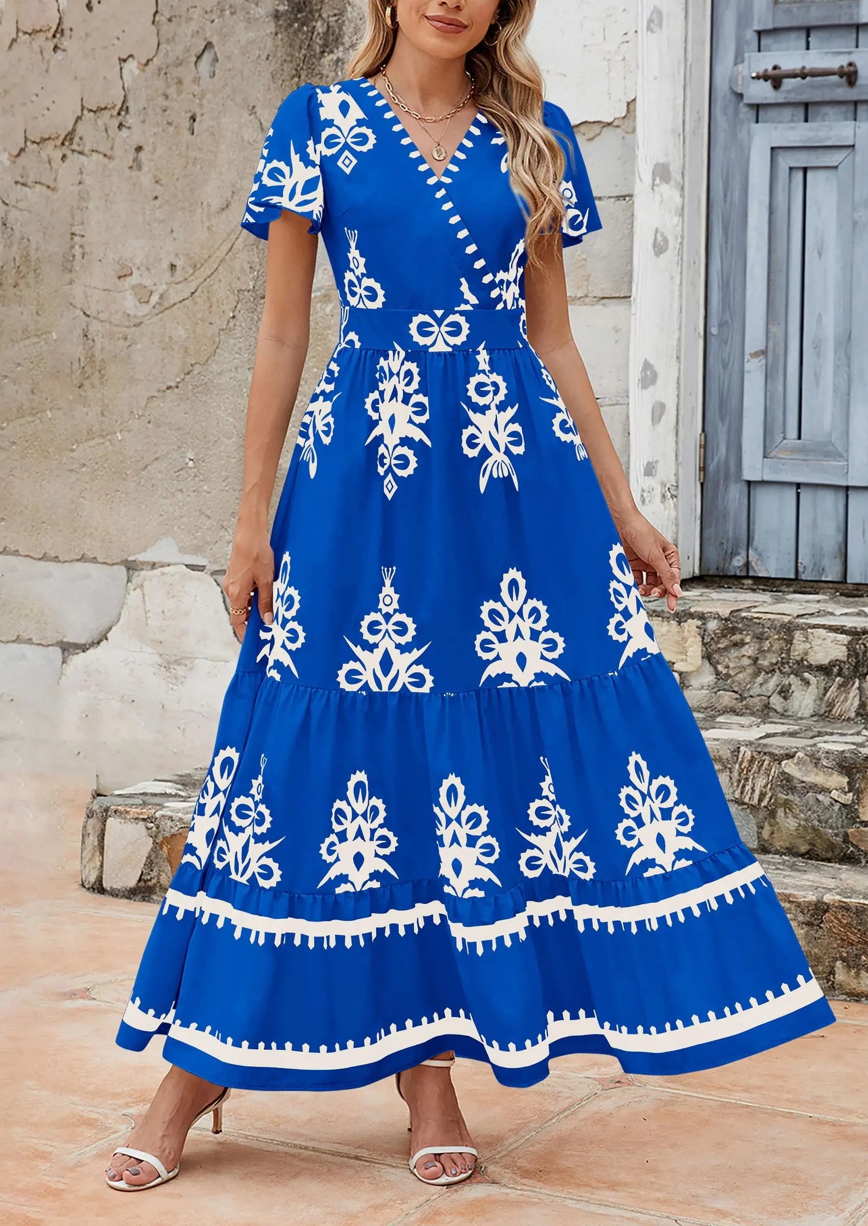 Casual V Neck Boho Flowy A-line Bell Sleeve Tiered Floral Maxi Dresses with Pocket - TARHUS