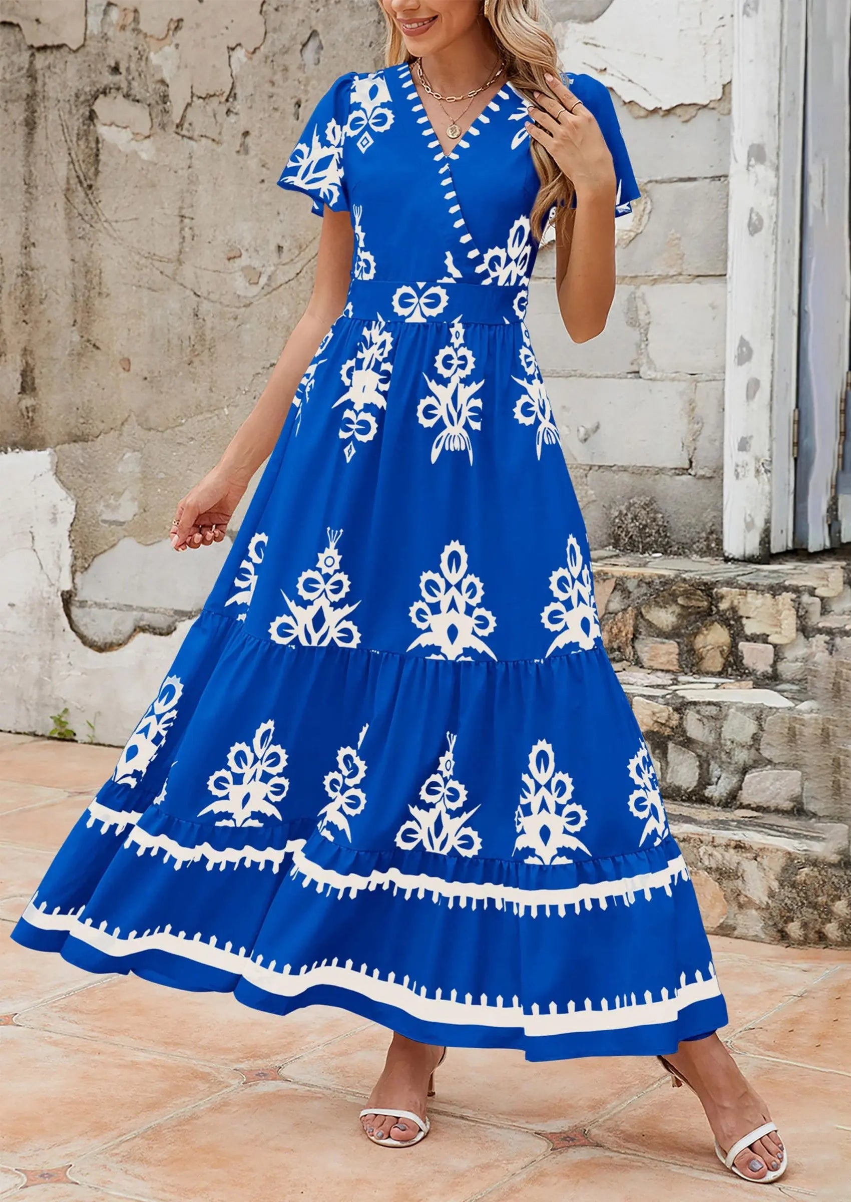 Casual V Neck Boho Flowy A-line Bell Sleeve Tiered Floral Maxi Dresses with Pocket - TARHUS