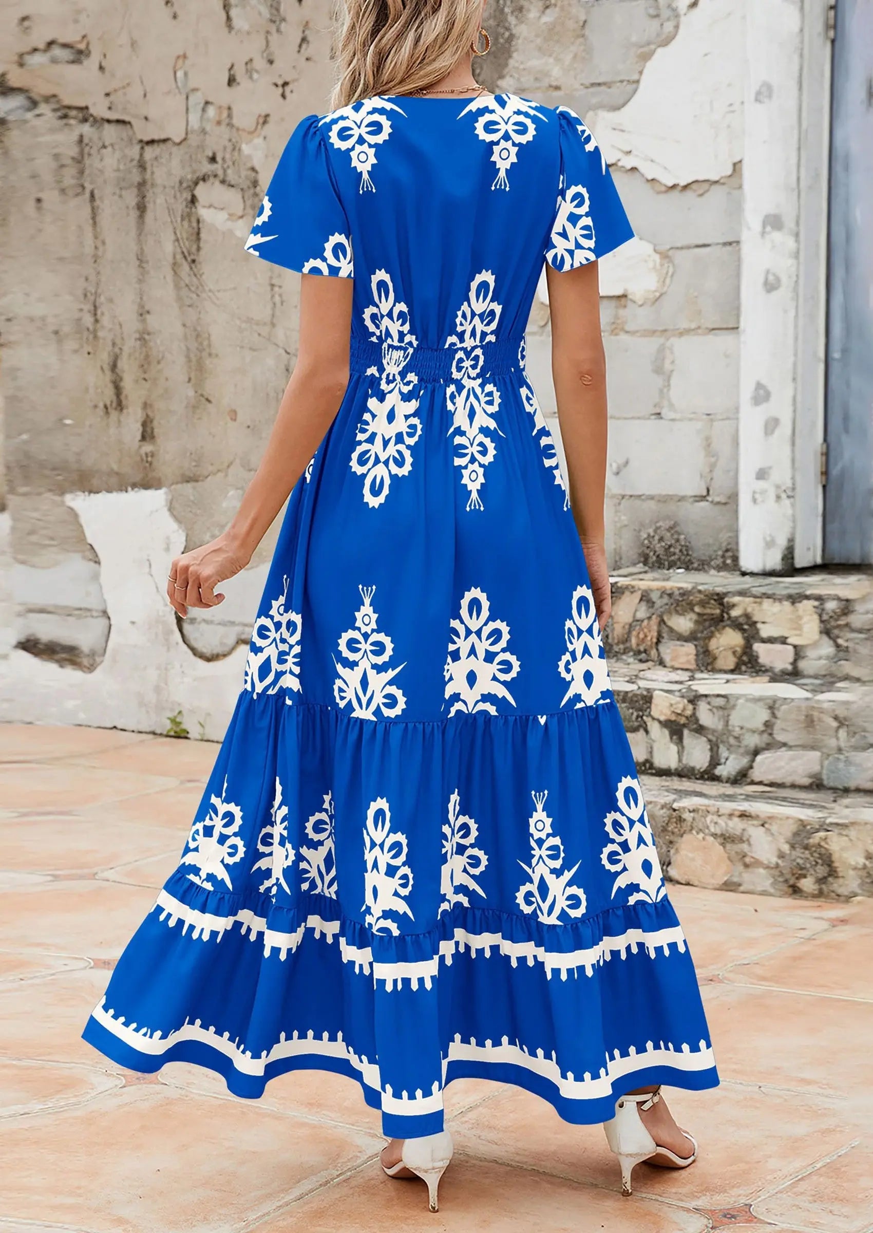 Casual V Neck Boho Flowy A-line Bell Sleeve Tiered Floral Maxi Dresses with Pocket - TARHUS