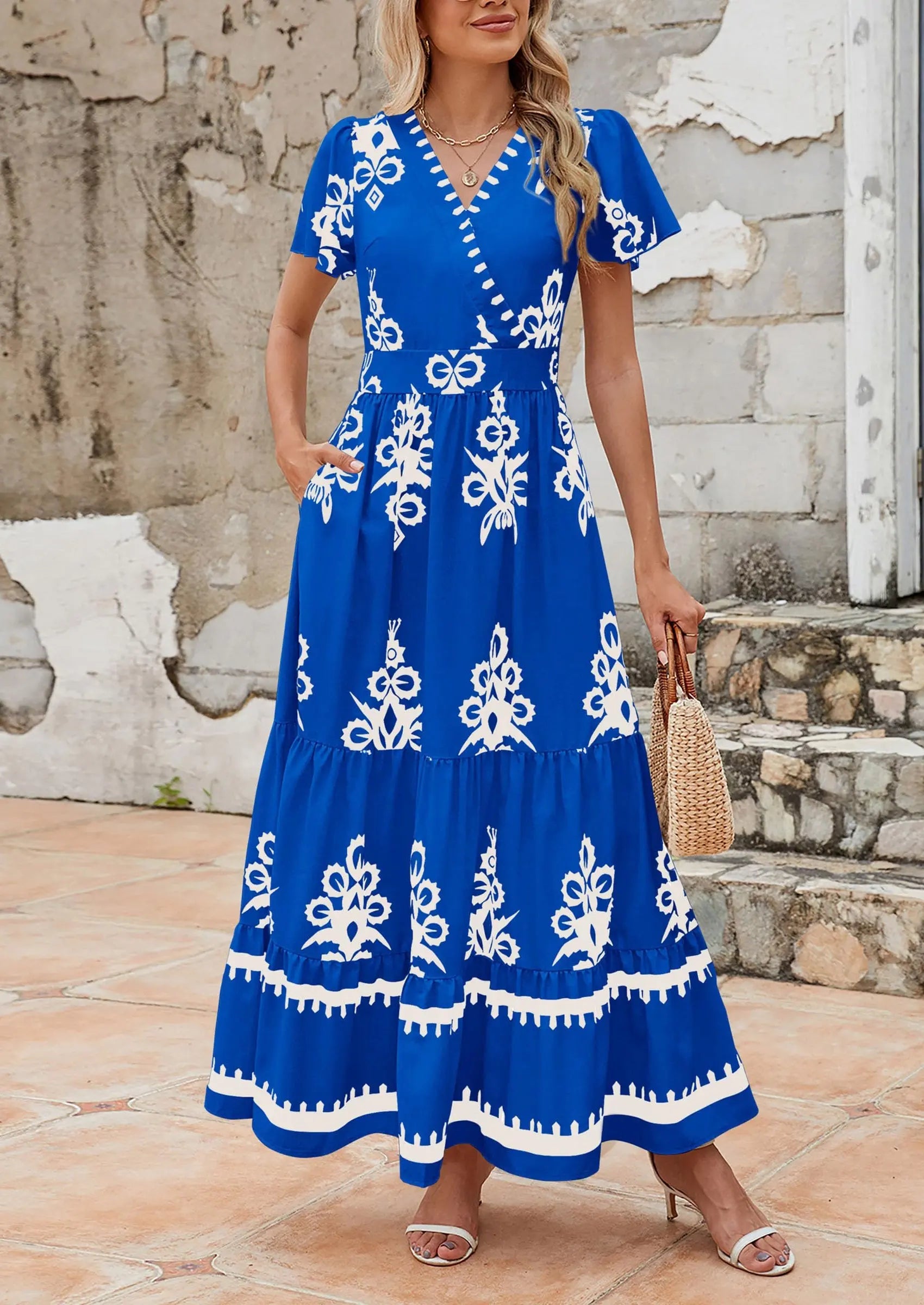 Casual V Neck Boho Flowy A-line Bell Sleeve Tiered Floral Maxi Dresses with Pocket - TARHUS