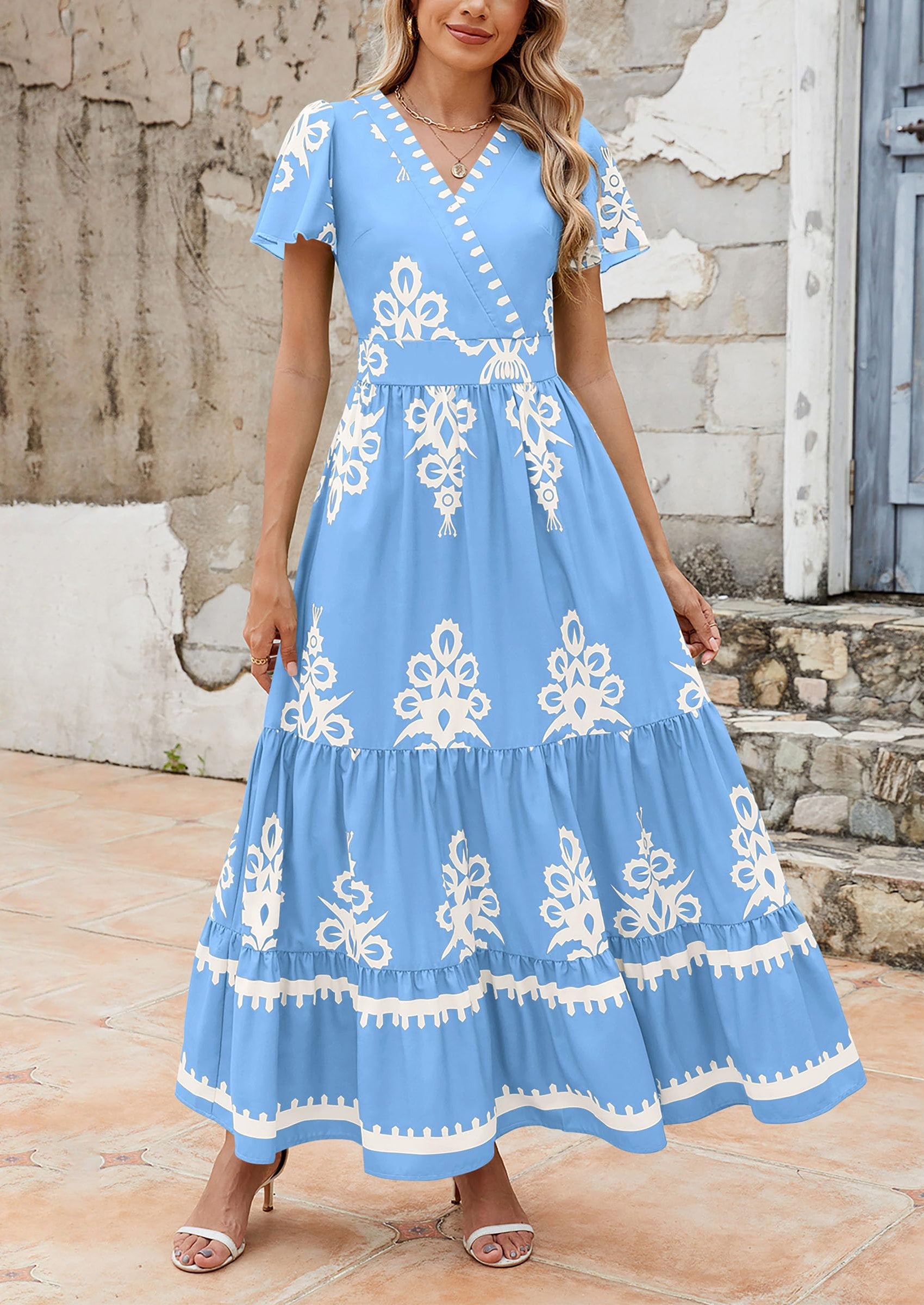 Casual V Neck Boho Flowy A-line Bell Sleeve Tiered Floral Maxi Dresses with Pocket - TARHUS