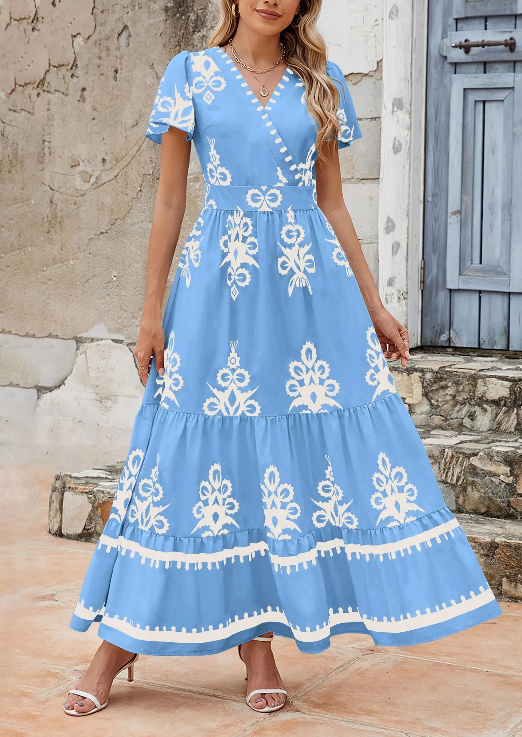 Casual V Neck Boho Flowy A-line Bell Sleeve Tiered Floral Maxi Dresses with Pocket - TARHUS