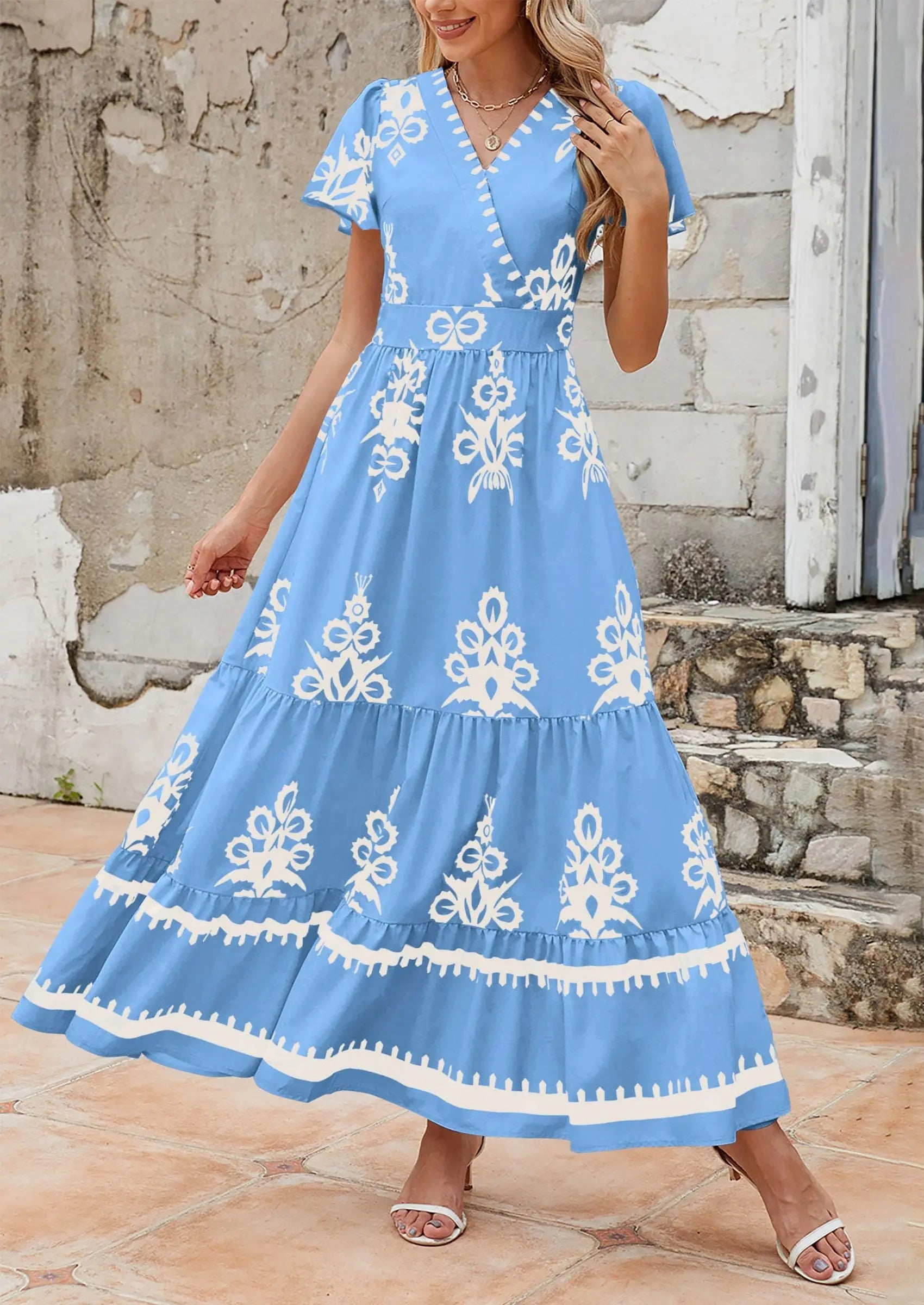 Casual V Neck Boho Flowy A-line Bell Sleeve Tiered Floral Maxi Dresses with Pocket - TARHUS