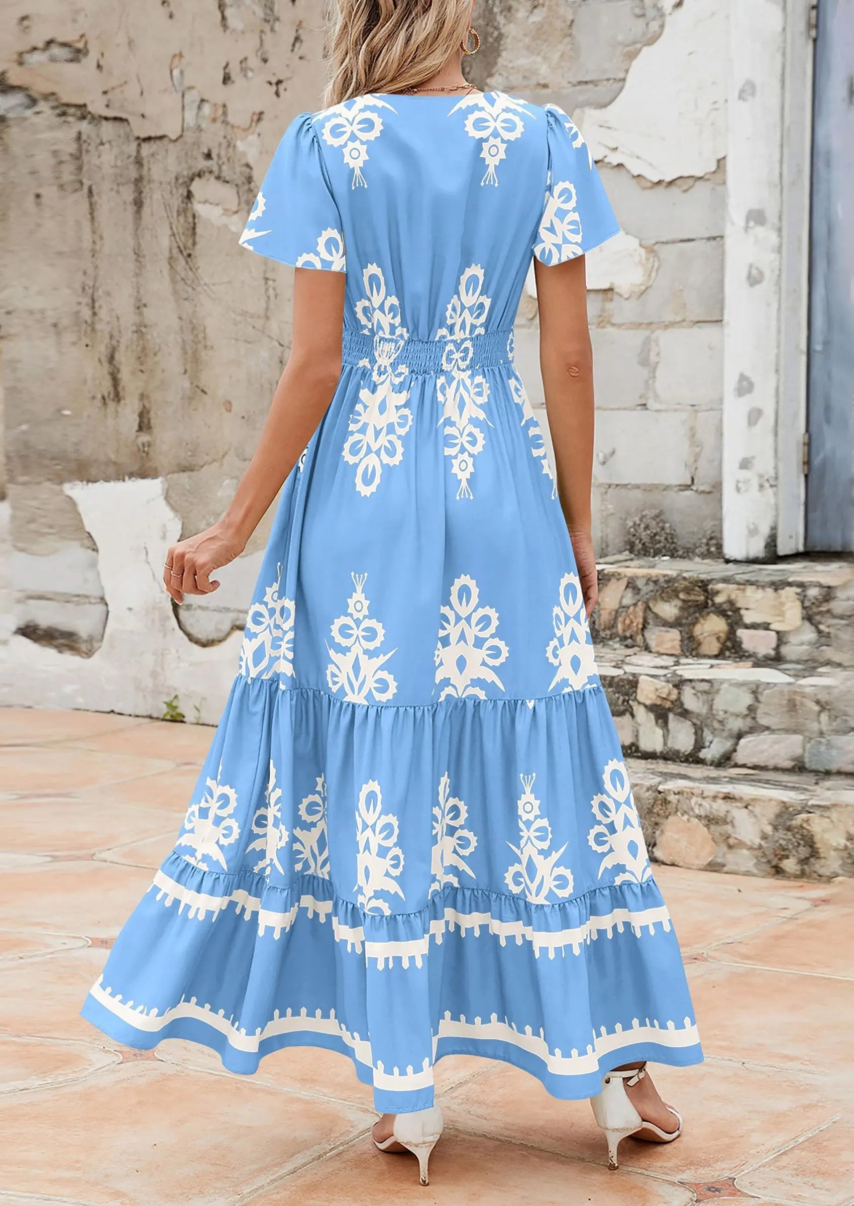 Casual V Neck Boho Flowy A-line Bell Sleeve Tiered Floral Maxi Dresses with Pocket - TARHUS