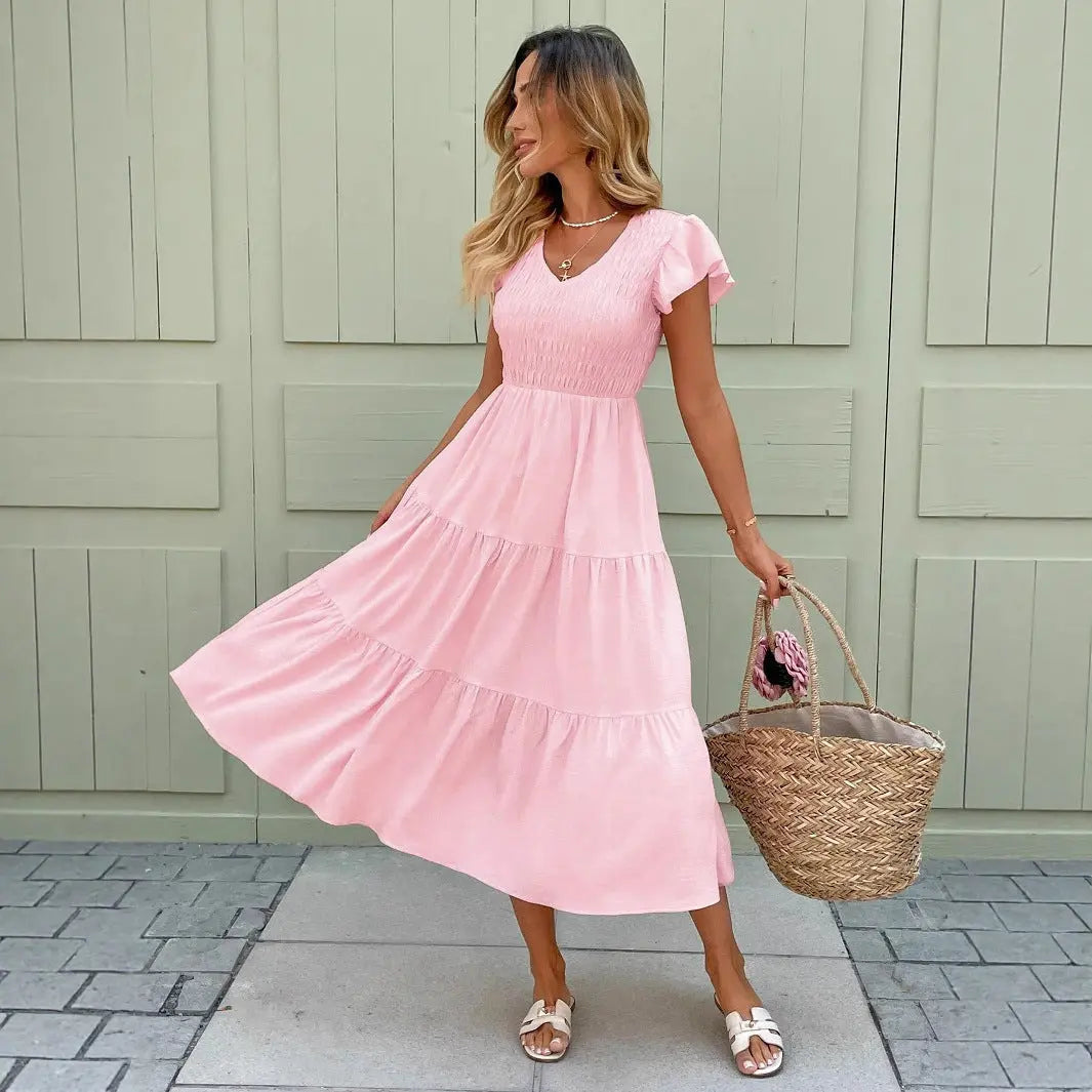 Flowing Pink Midi Dress with Smocked Bodice for Women TARHUS SS - Womens - Maxi Dress