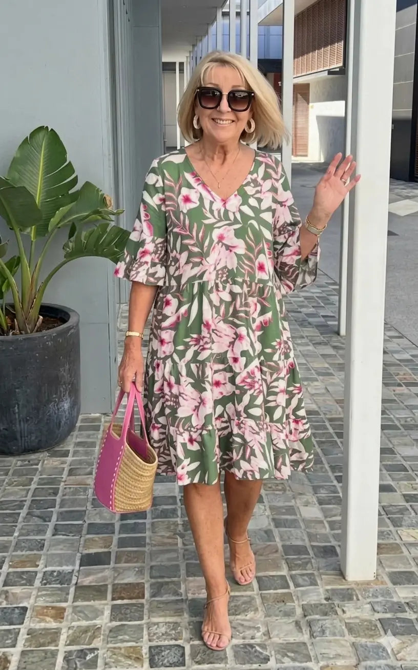 Beatrice | Tropical Floral Ruffle Midi Dress TARHUS Floral V Neck Dress