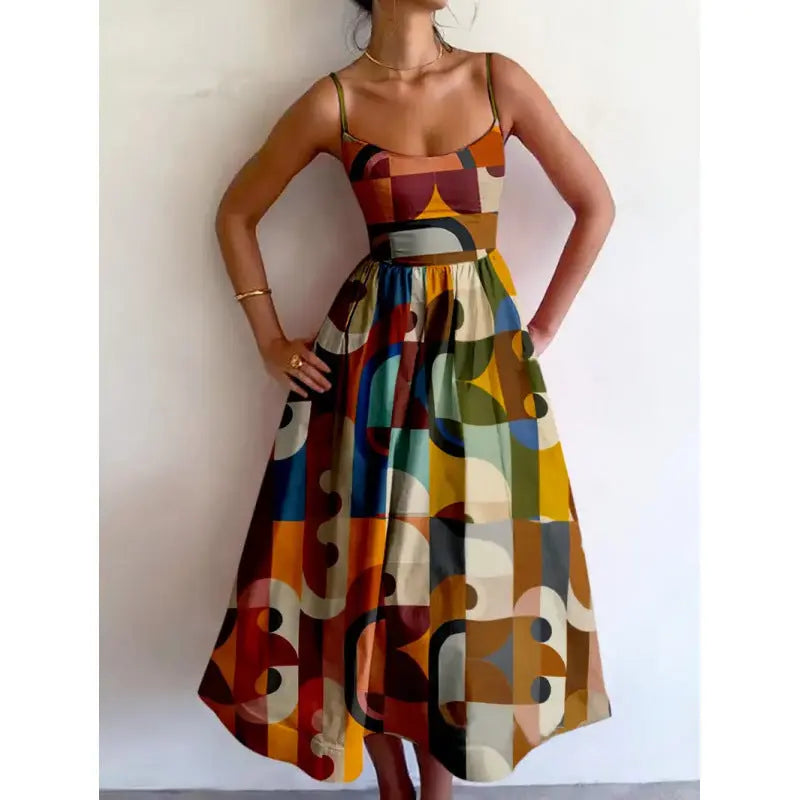 Geometric Print Midi Dress with Spaghetti Straps for Women TARHUS SS - Womens - Midi Dress