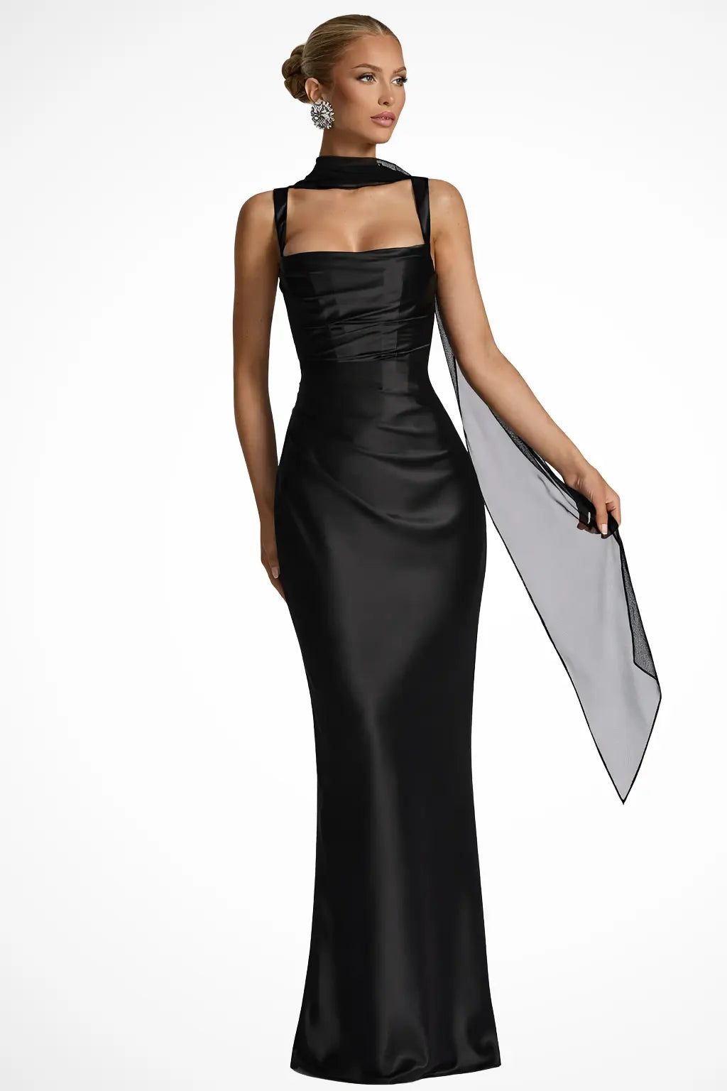 Vivienne | Women Square Neck Ruched Satin Maxi Wedding Guest Dress TARHUS