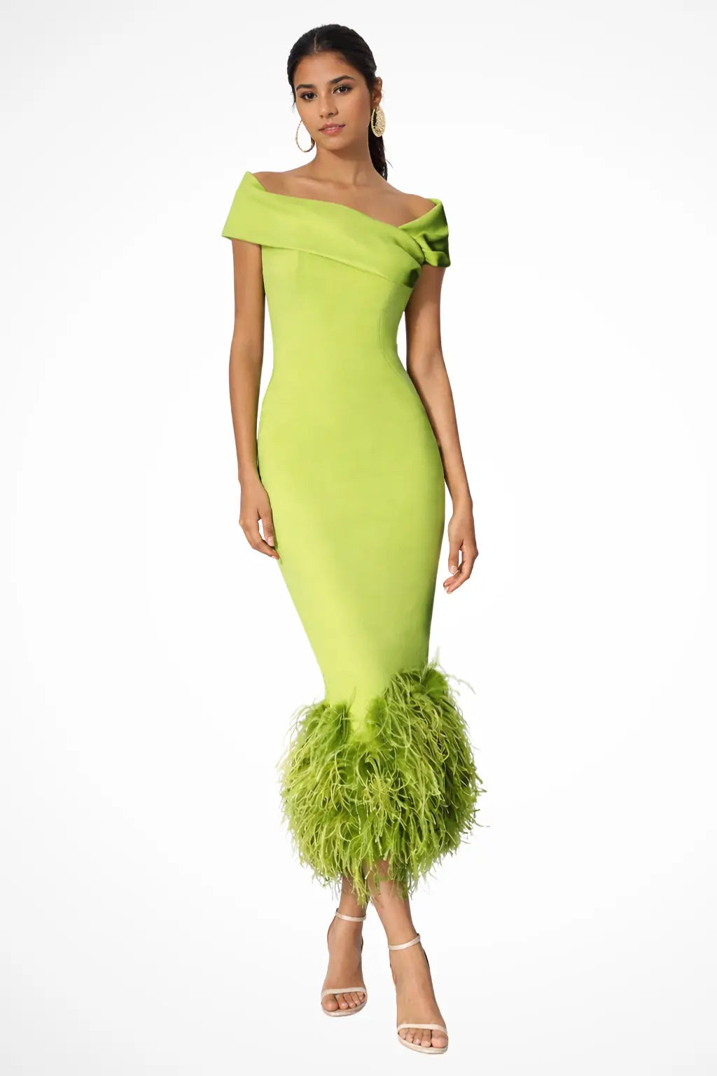 Verity | Women Off Shoulder Fitted Feather Hem Midi Wedding Guest Dress TARHUS Mother of the Bride Dresses