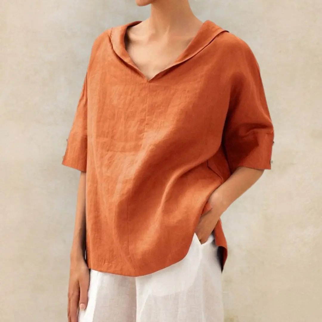 Naomi's Relaxed V-Neck Linen Blouse with Rolled Sleeves - TARHUS