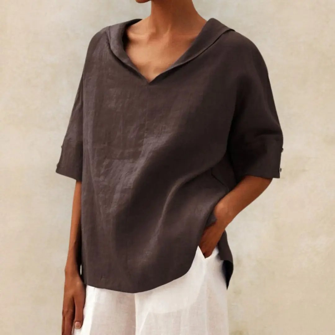 Naomi's Relaxed V-Neck Linen Blouse with Rolled Sleeves - TARHUS