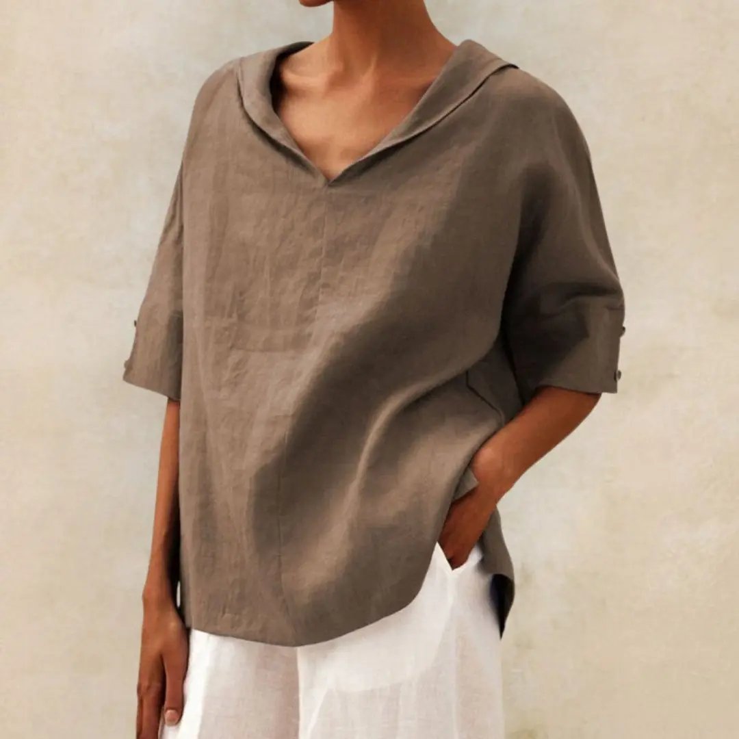 Naomi's Relaxed V-Neck Linen Blouse with Rolled Sleeves - TARHUS