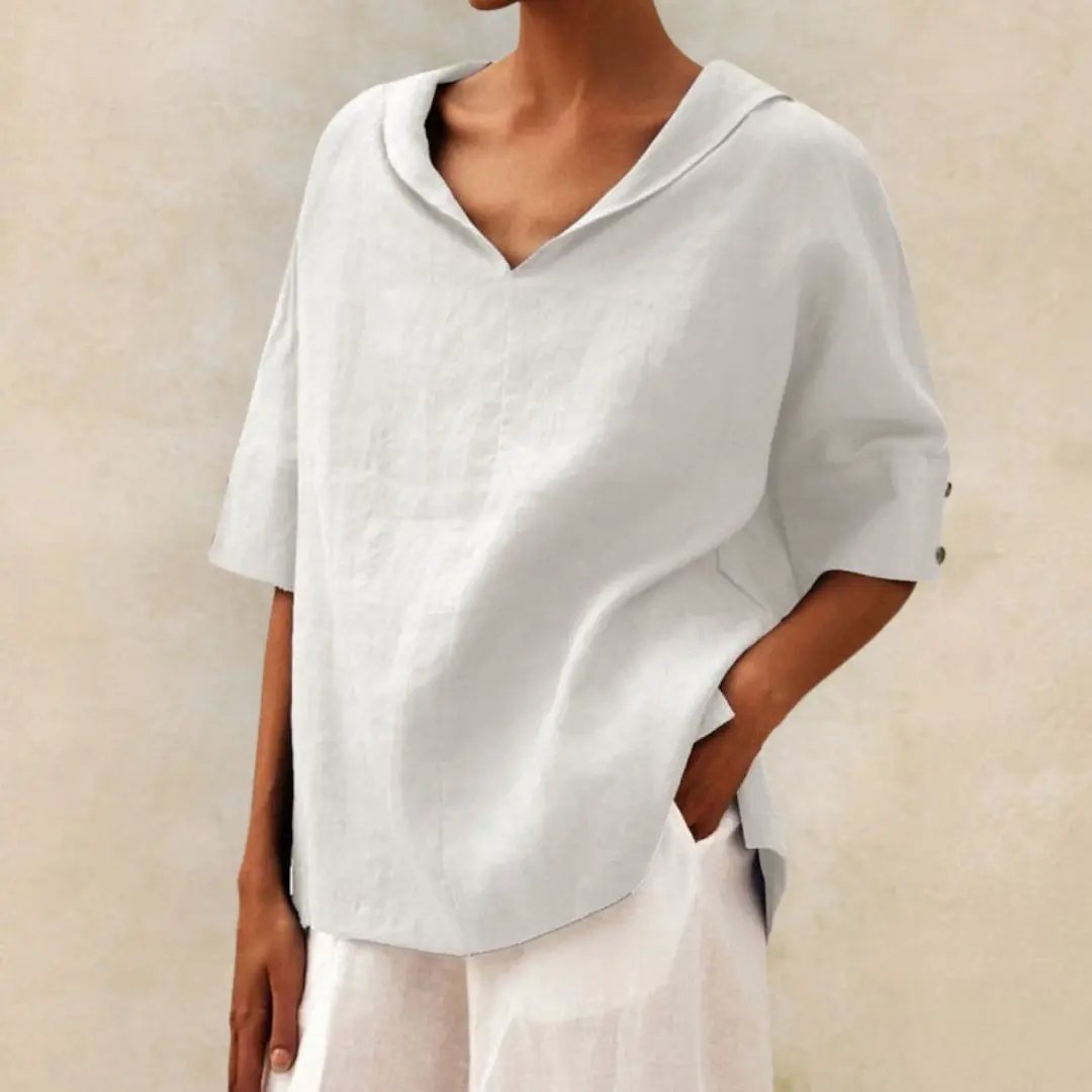 Naomi's Relaxed V-Neck Linen Blouse with Rolled Sleeves - TARHUS