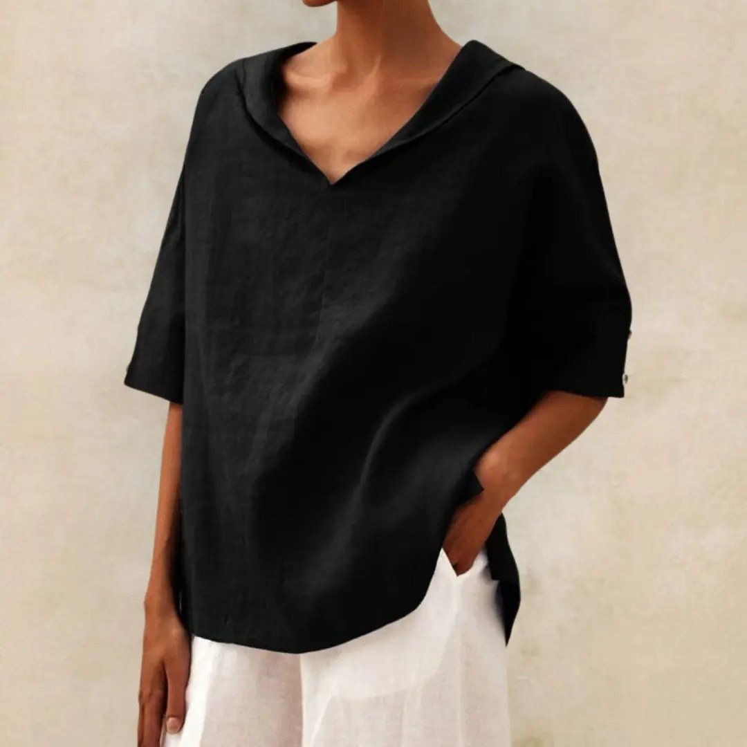 Naomi's Relaxed V-Neck Linen Blouse with Rolled Sleeves - TARHUS