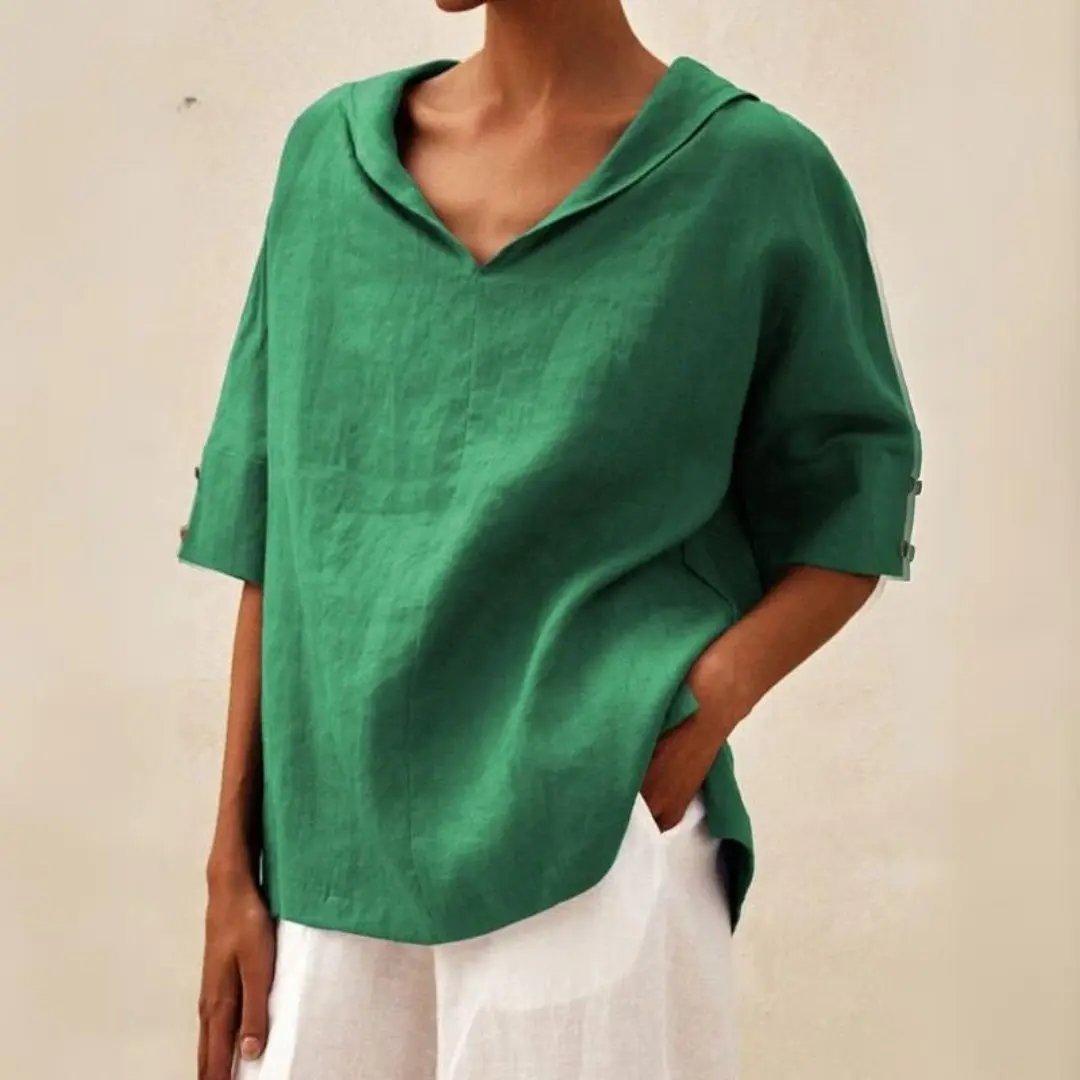 Naomi's Relaxed V-Neck Linen Blouse with Rolled Sleeves - TARHUS