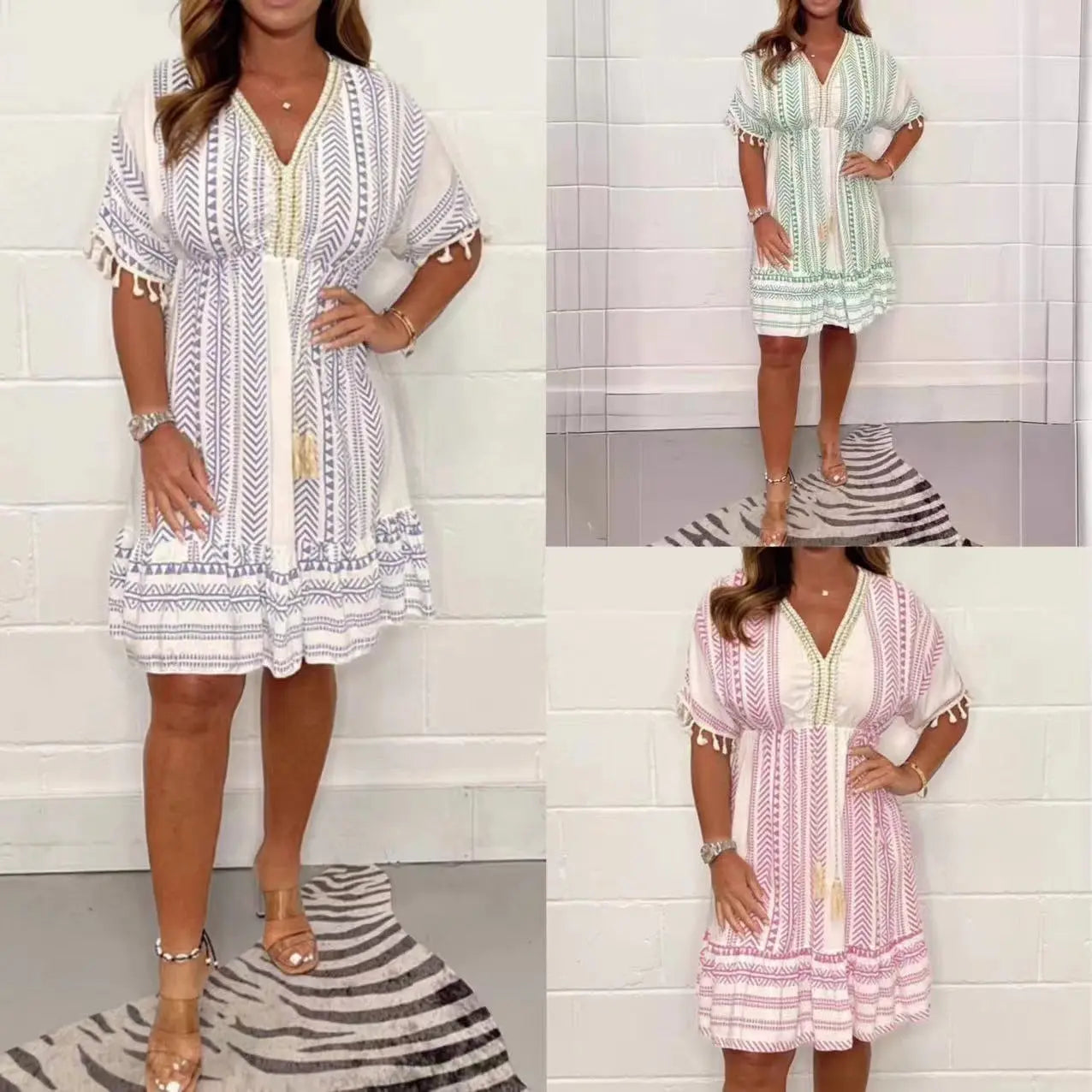 Boho Chic Printed V-Neck Summer Dress - Casual Beach Dress - TARHUS