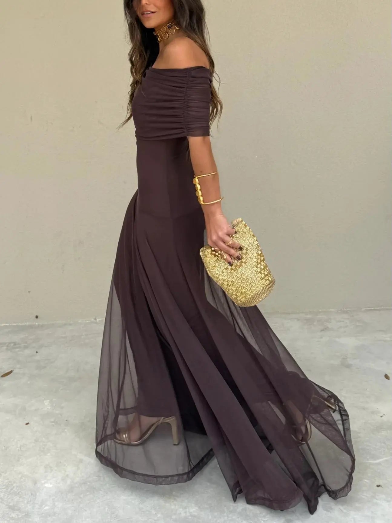 Off-Shoulder Maxi Dress with Chiffon Overlay for Women TARHUS SS - Womens - Dresses