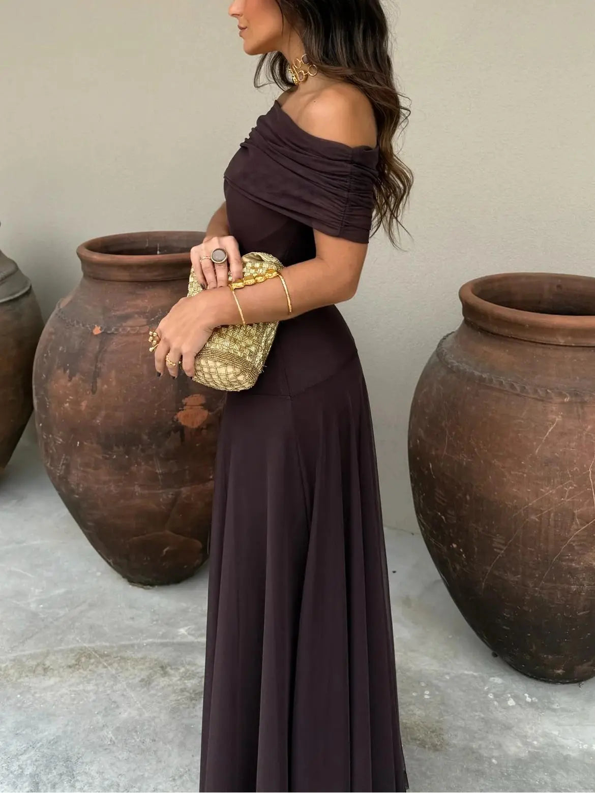 Off-Shoulder Maxi Dress with Chiffon Overlay for Women TARHUS SS - Womens - Dresses