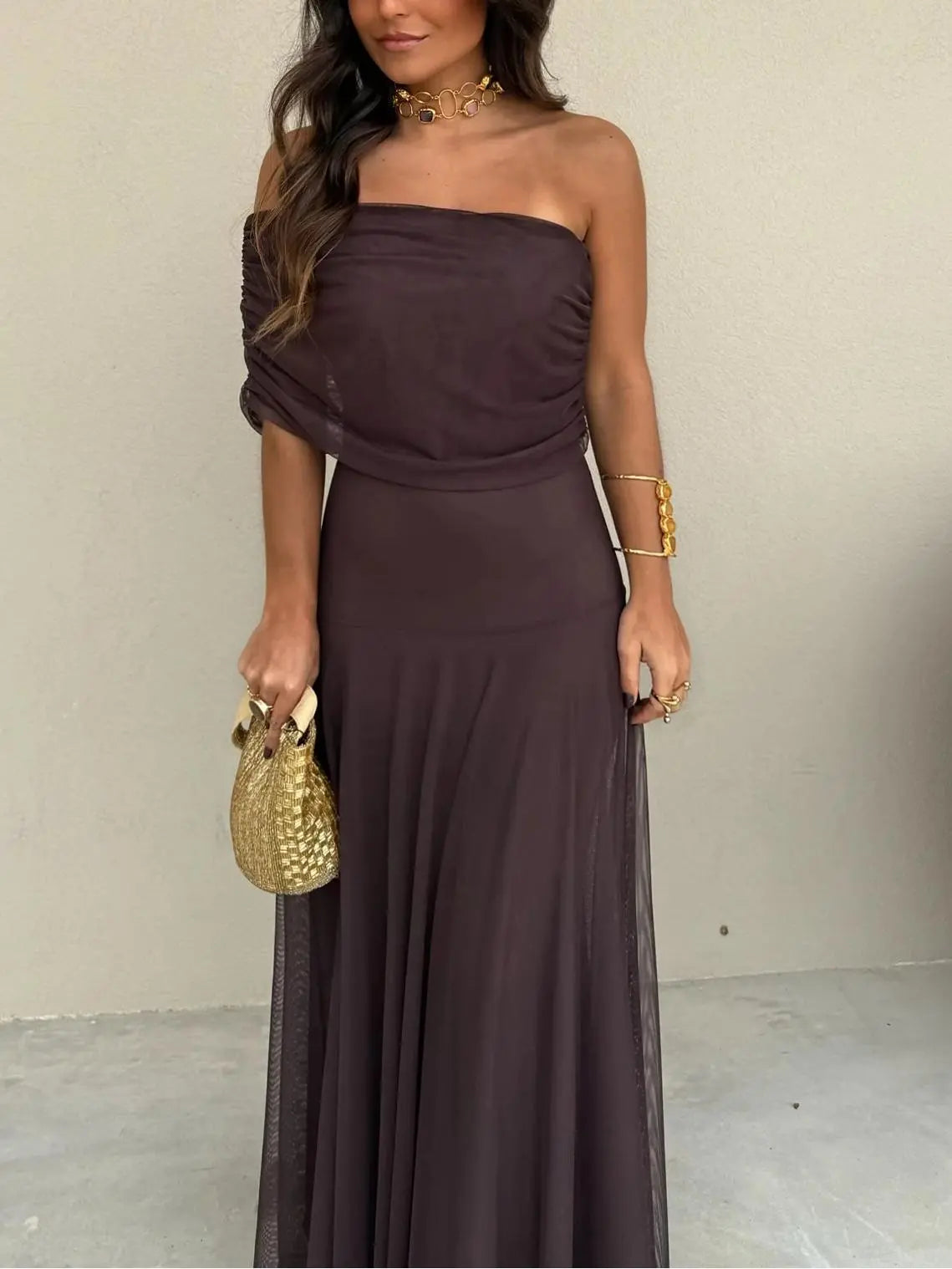 Off-Shoulder Maxi Dress with Chiffon Overlay for Women TARHUS SS - Womens - Dresses