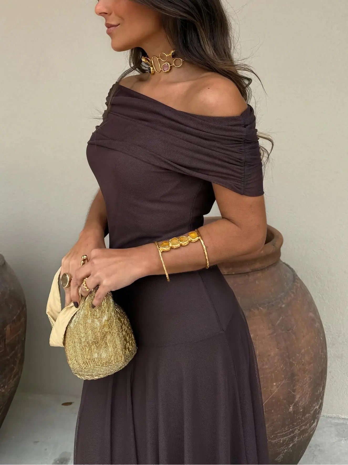 Off-Shoulder Maxi Dress with Chiffon Overlay for Women TARHUS SS - Womens - Dresses