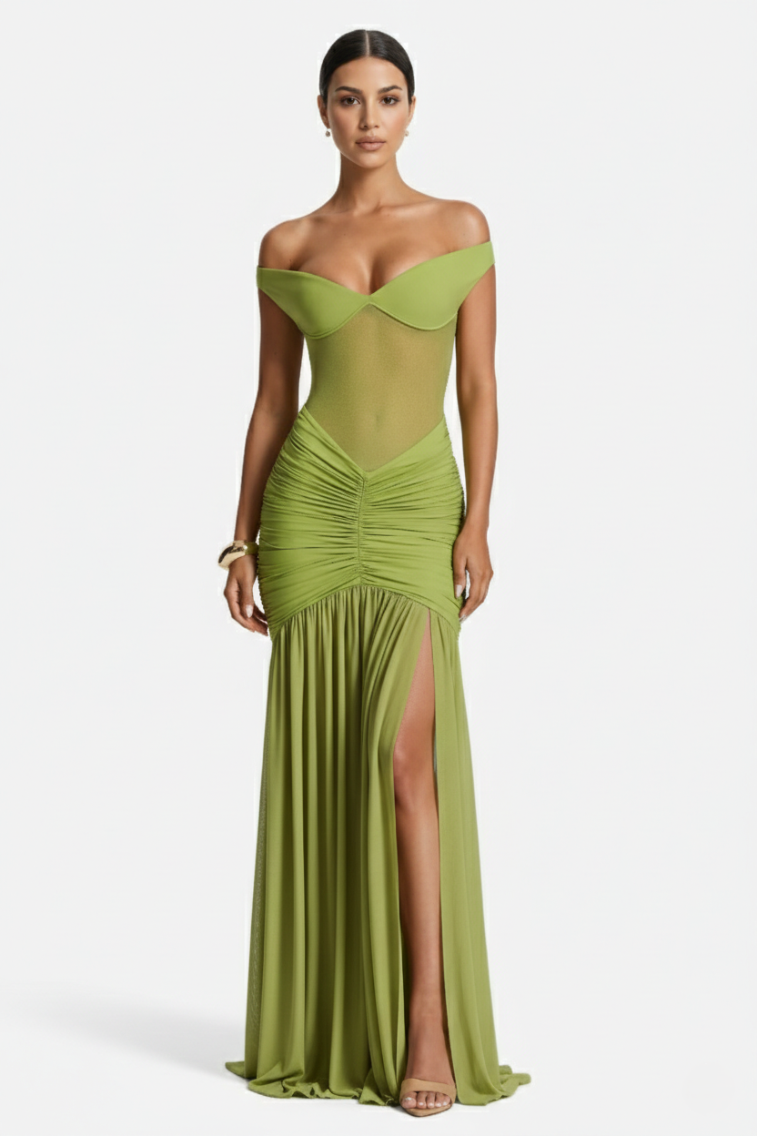 Women's Off Shoulder Ruched Maxi Dress - Mesh Bodice High Slit TARHUS Maxi Dress