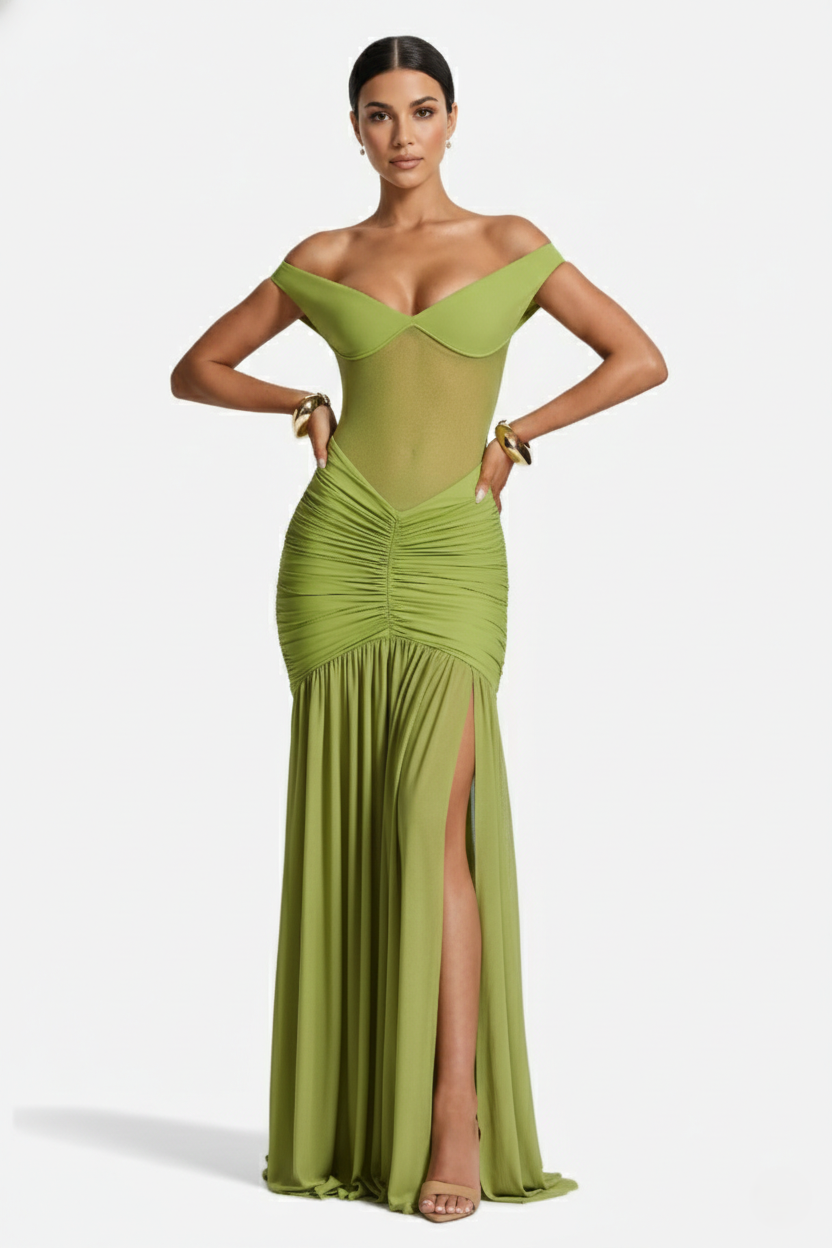 Women's Off Shoulder Ruched Maxi Dress - Mesh Bodice High Slit TARHUS Maxi Dress