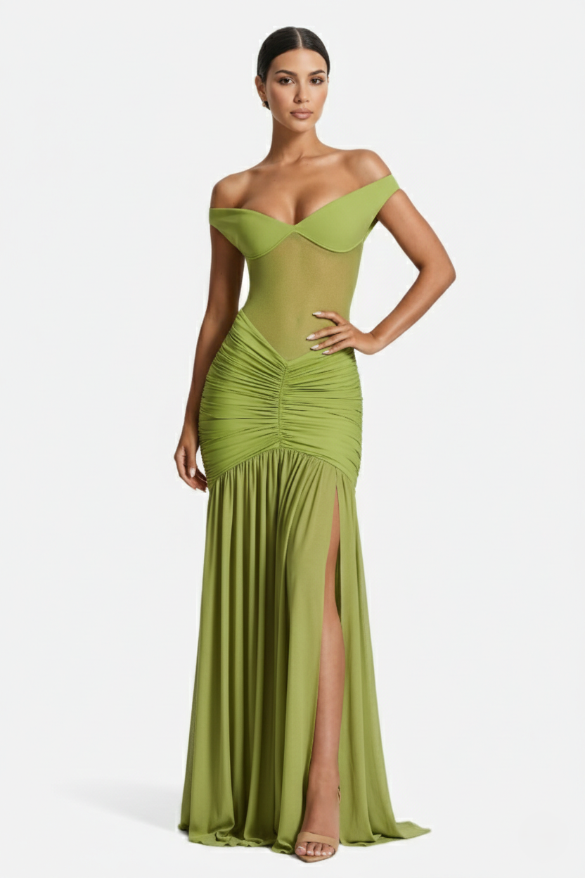 Women's Off Shoulder Ruched Maxi Dress - Mesh Bodice High Slit TARHUS Maxi Dress