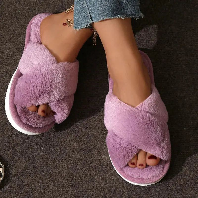 Women’s Fuzzy Cross-Band House Slippers – Soft Faux Fur Indoor Slides - TARHUS