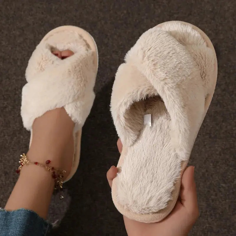 Women’s Fuzzy Cross-Band House Slippers – Soft Faux Fur Indoor Slides - TARHUS