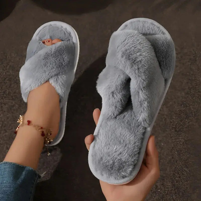 Women’s Fuzzy Cross-Band House Slippers – Soft Faux Fur Indoor Slides - TARHUS